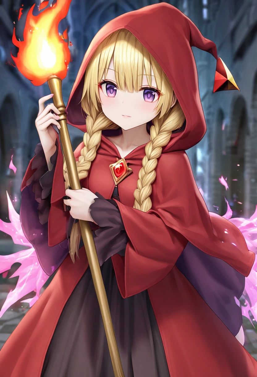 Red triangular hood　Blonde braids　Girl in red　wizard　Veronica　A very long wand with a red gem　purple eyes　fire magic