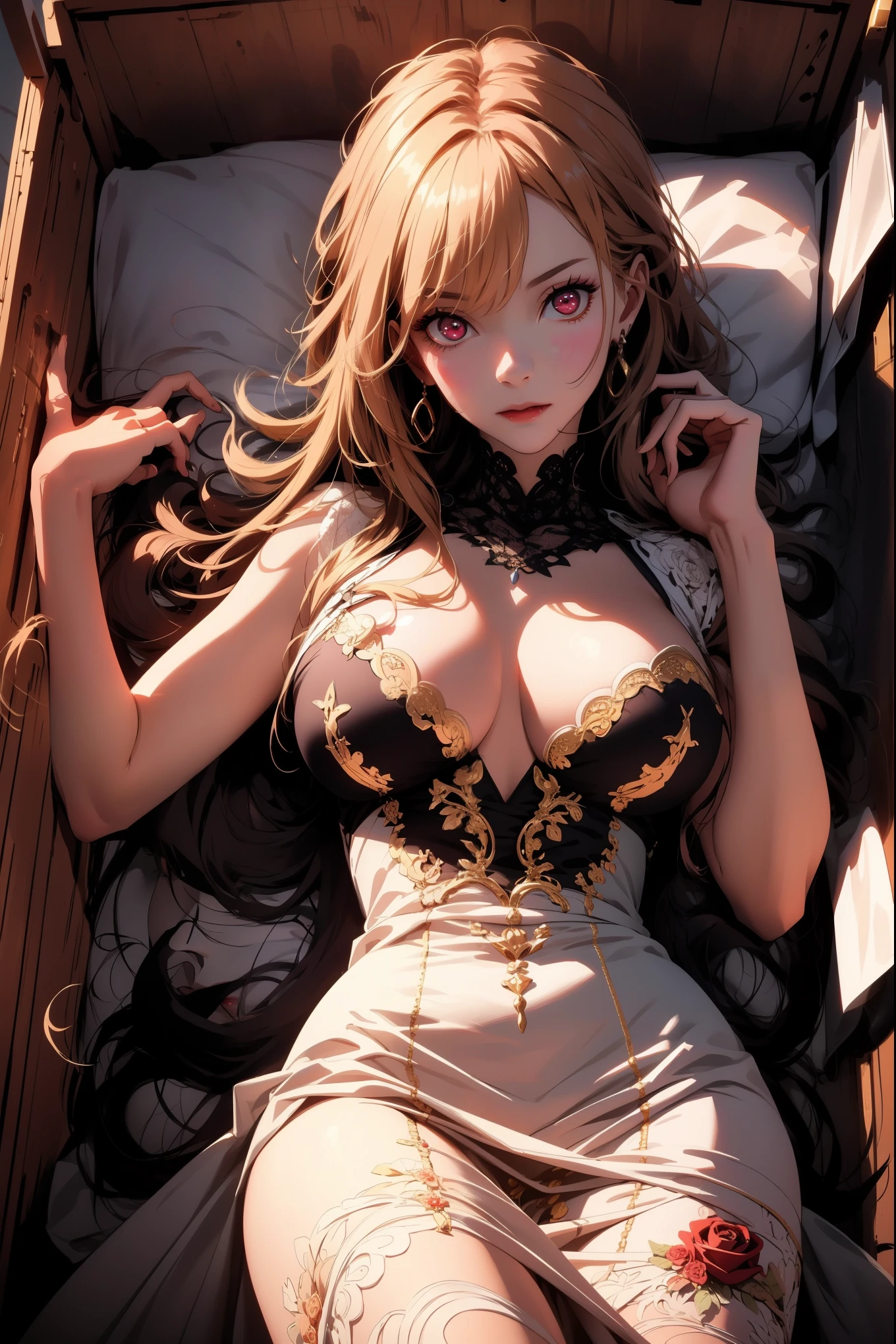 Accent lighting, brightness, (masterpiece:1.4), best quality, 1girl, A Vampire Princess lying down in a coffin, Long gold hair, red eyes, slender silhouette, thin, big breasts, thick thigh, (ultra photorealistic:1.3), (masterpiece:1.4), best quality, ((realistic)), high quality, ultra detailed, (illustration:1.05), (beautiful:1.05), (beautiful detailed eyes:1.05), (cinematic light:1.1), long white lace dress, roses