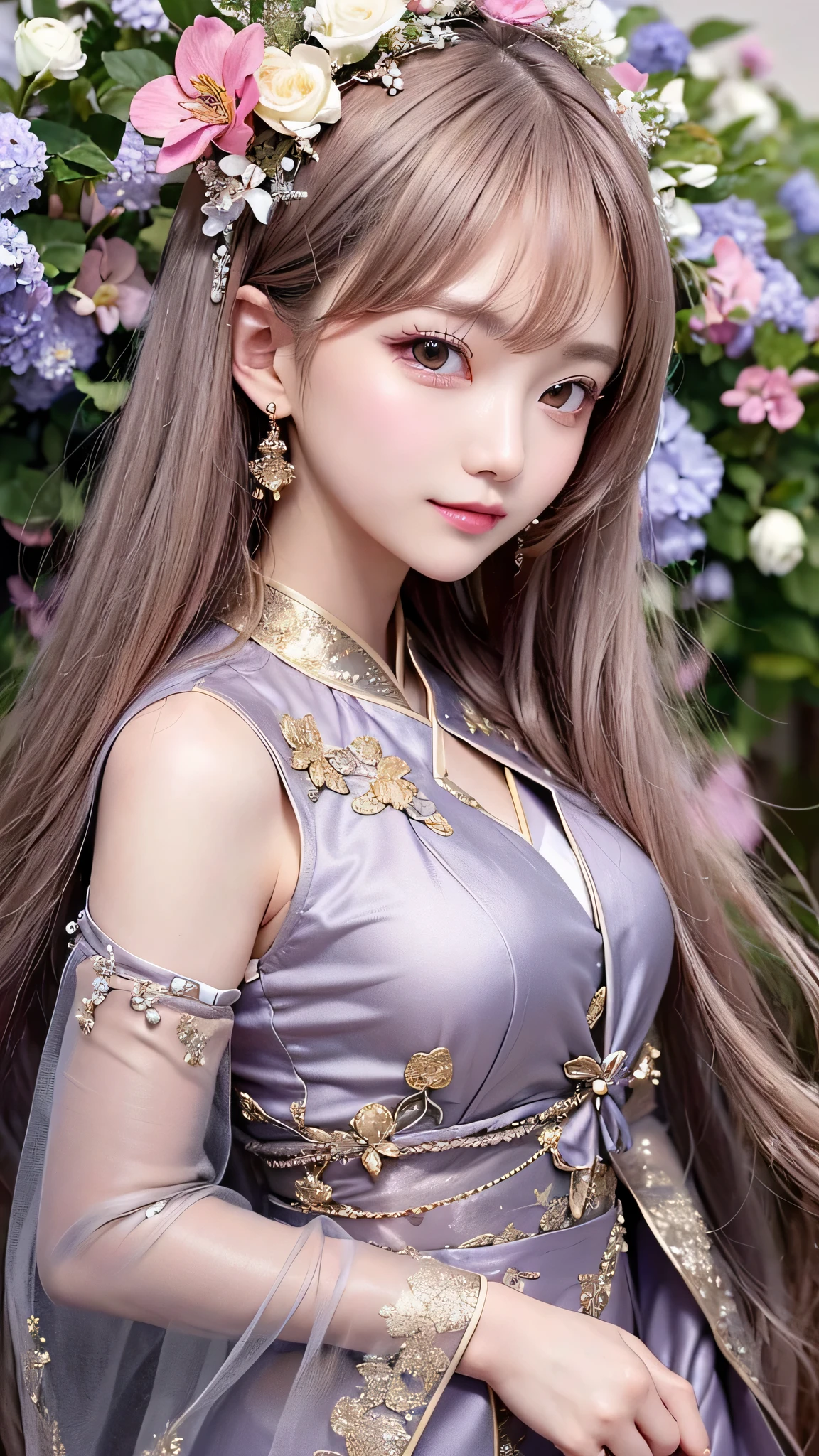 bright purple taoist robe, hanfu long skirt, Big eyes, The absolute beauty of a masterpiece, 1 female, close. close, healing smile, snow scene, 4K quality, twisted braids, princess hair style princess cut, simple hair accessories, Plum blossom, Once people see that beauty, they can&#39;t forget it.