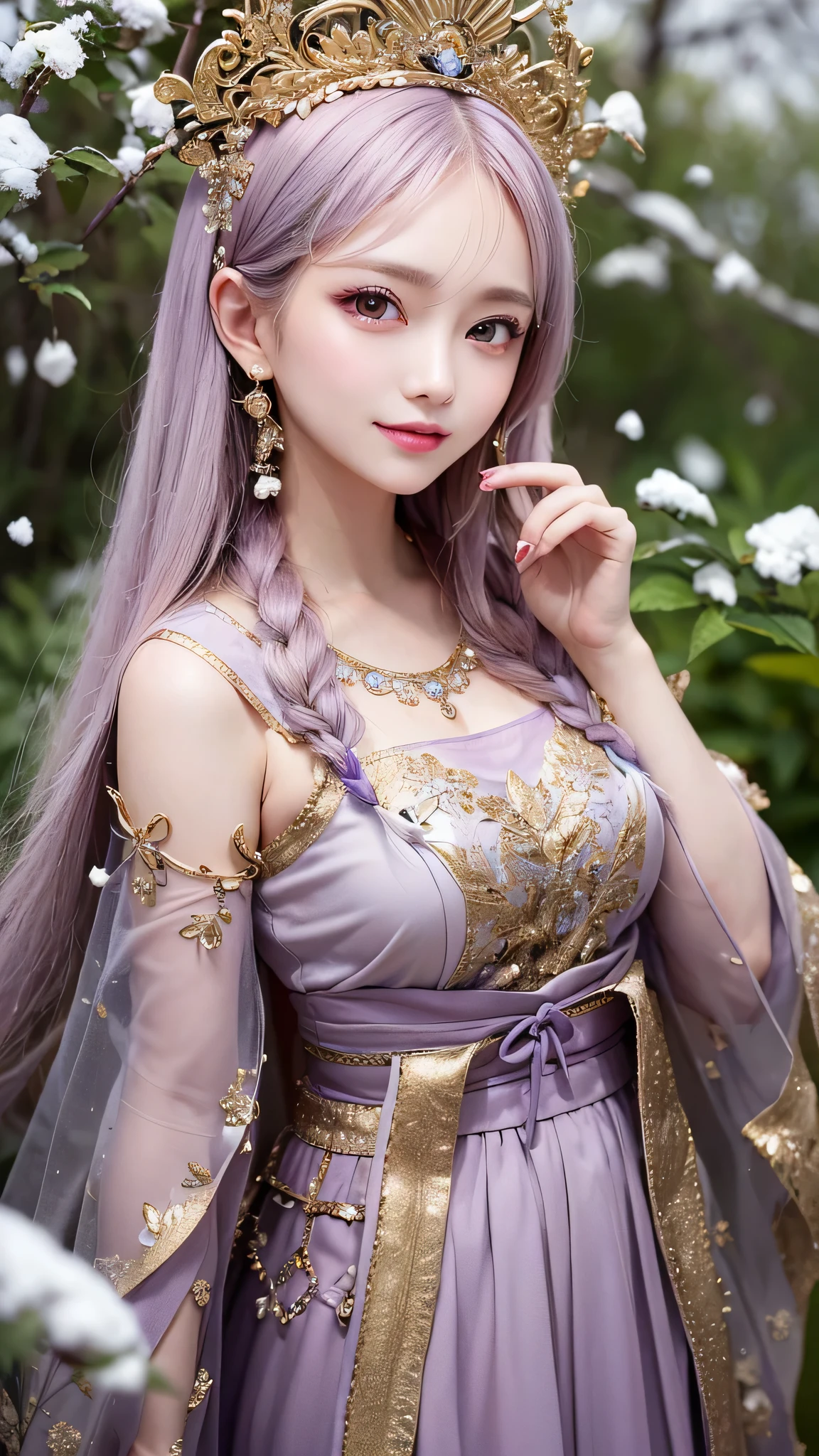 bright purple taoist robe, hanfu long skirt, Big eyes, The absolute beauty of a masterpiece, 1 female, close. close, healing smile, snow scene, 4K quality, twisted braids, princess hair style princess cut, simple hair accessories, Plum blossom, Once people see that beauty, they can&#39;t forget it.