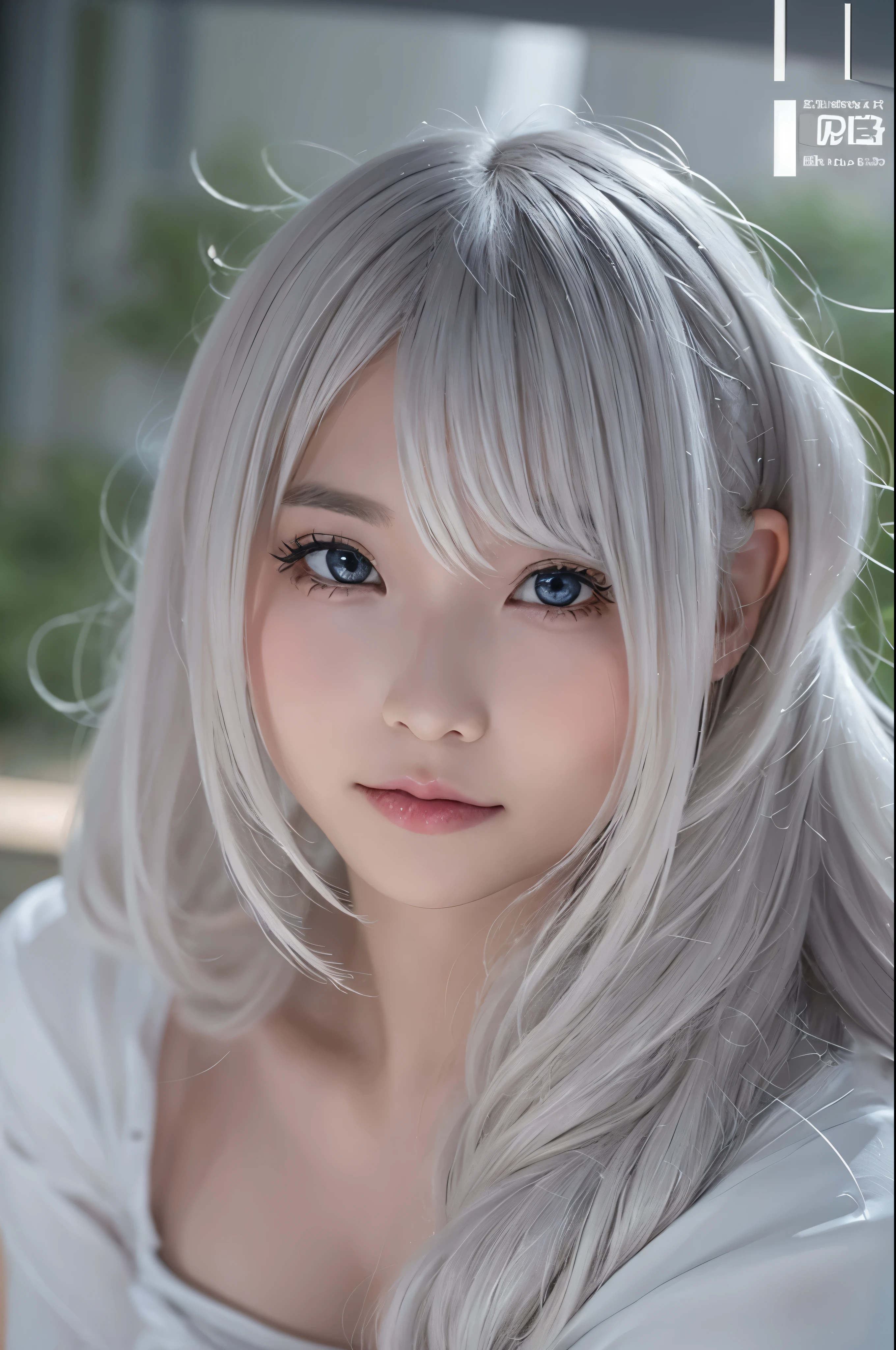 ((high quality)),table top,(Detailed depiction of local details:1.2),1 Japanese girl,(plump breasts:1.3),Enchanted Valley,closed mouth,eyelash,looking at the viewer,portrait,alone,Upper body,gray hair,white theme,short hair,silver hair,Yoruhano. 2 Type B,