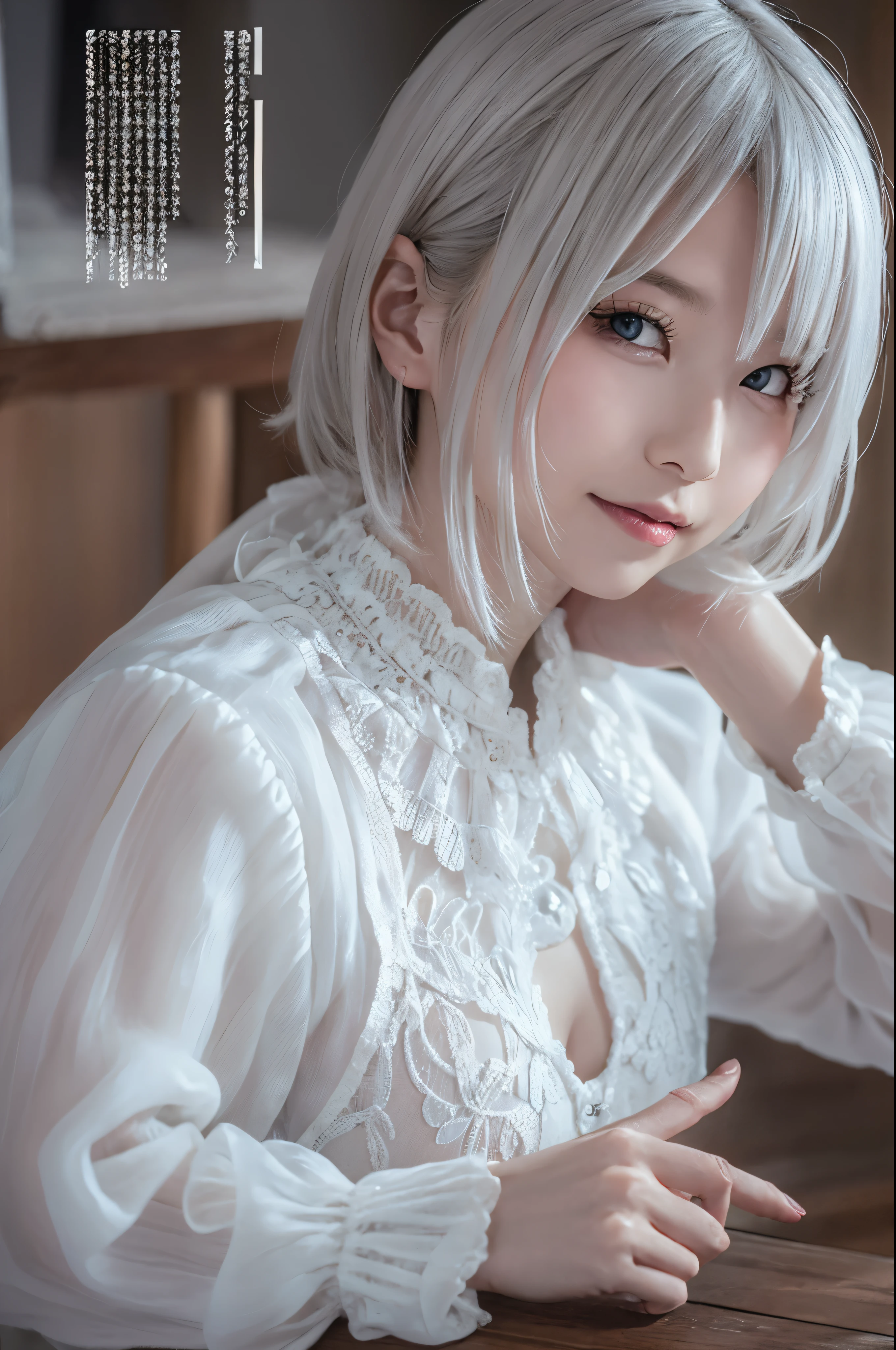 ((high quality)),table top,(Detailed depiction of local details:1.2),1 Japanese girl,(plump breasts:1.3),Enchanted Valley,closed mouth,eyelash,looking at the viewer,portrait,alone,Upper body,gray hair,white theme,short hair,silver hair,Yoruhano. 2 Type B,