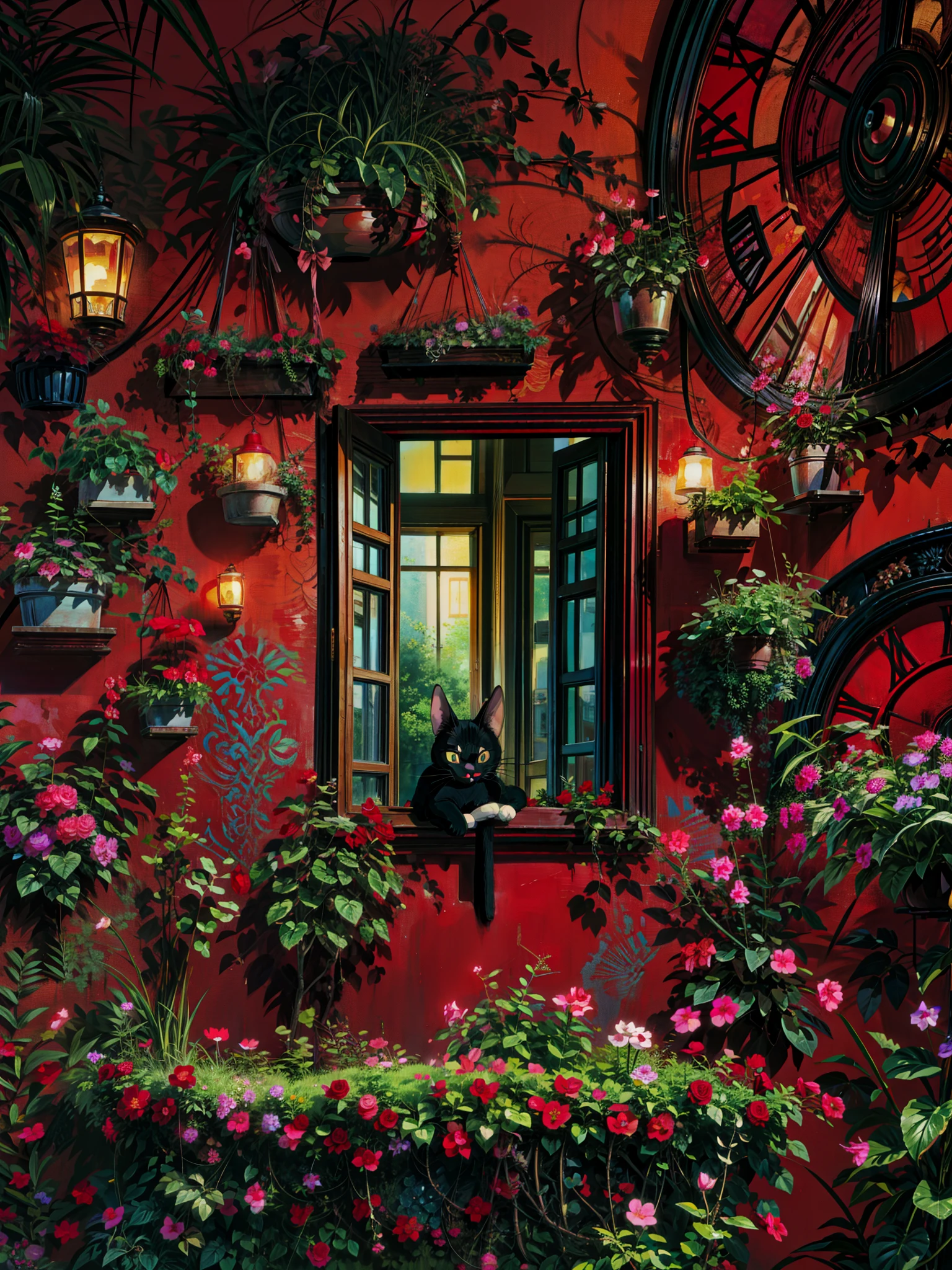 a cat sitting in a window surrounded by red flowers, red wallpaper background, red wallpaper design, photo of a beautiful window, red wall, black and red background, roses background, the window, deep red background, open window ib background, open window at night, in a red dream world, by Igor Zenin, window with flower box, cozy wallpaper, 4k hd,, beautiful art uhd 4 k, a beautiful artwork illustration, beautiful digital painting, highly detailed digital painting, beautiful digital artwork, detailed painting 4 k, very detailed digital painting, rich picturesque colors, gorgeous digital painting