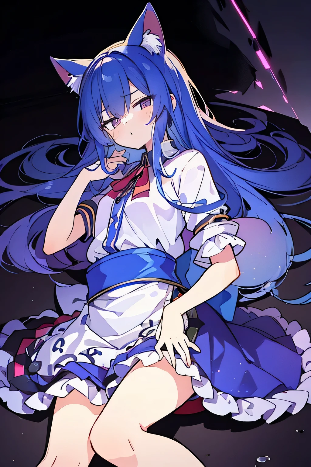 (Masterpiece), best quality, expressive eyes, perfect face, 1girl,
Put your hands on your waist, fair, gorgeous, Japanese comics, girl, Lola, young angel, blue hair, blue hair, flowing clothes, hug the waist, hug the waist, hands on hips, hands on hips, lay down , lying on the ground, legs on the ground, flat chest, cat ears