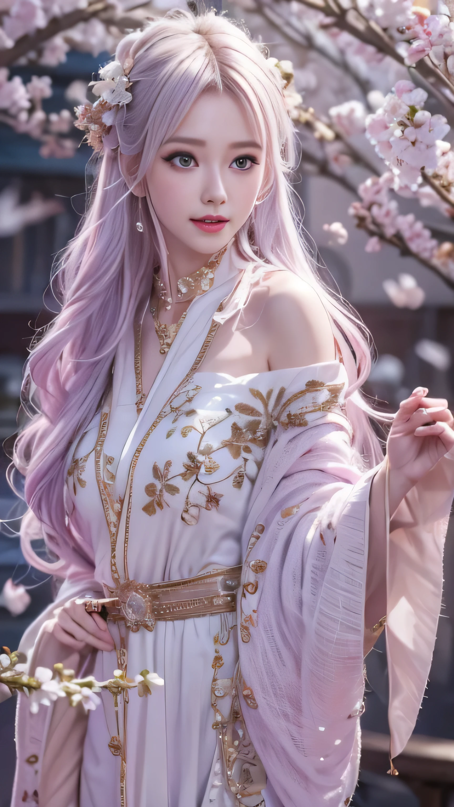  masterpiece, 8K, table top, Raw photo, wonderful, 最high quality, Photorealistic and hvery detailed CG integrated 8K wallpaper, high quality, very detailed, Narrative poem, particle effects, dynamic effects, Depth of written boundary, cinematic light, Lens flare, ray tracing, anatomically accurate, fantasy, 1 beautiful woman, ((lilac hair)), clear eyes, long hair, beautiful face, real face, Dense and beautiful eyes, beautiful skin, dancing woman, Gracefully dancing woman, long hairが風でなびく, long hairが跳ねる, long hairが風で舞い上がる, hair bounces, beautiful eyes, ((No sleeve))、sleeveless、（(She is raising her hands to show off her beautiful armpits）)、、（Off-the-shoulder semi-transparent white robe）、（Off-the-shoulder semi-transparent pink robe、Layering）  White cherry blossom embroidery pattern, silver earrings,, Her hair color is light pink.、（milky way galaxy）、