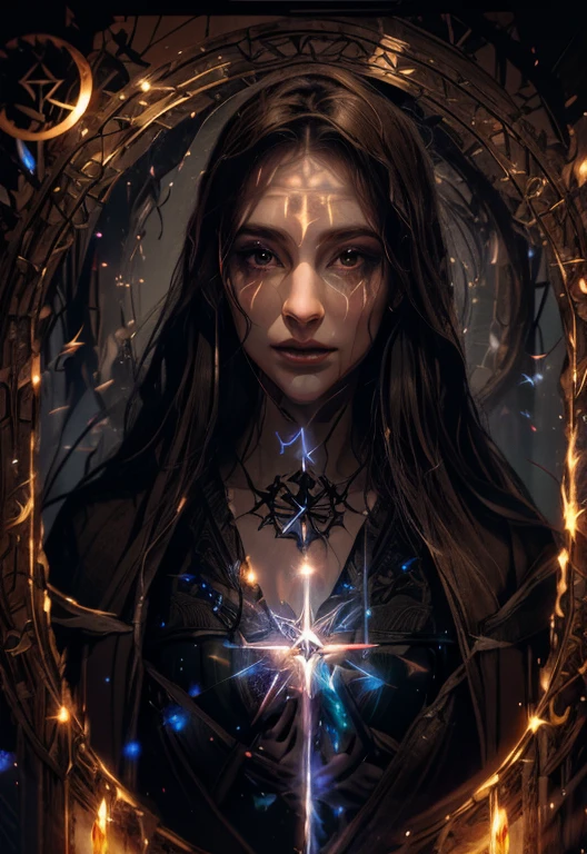 (best quality,highres),(detailed),(mystical,enchanted:1.1),(intricate,elaborate:1.05),(ethereal),(dark fantasy),(runes),(entwined branches),(pentagram),(light particles),(mechanical light particles)

In this artwork, you will find a mystic and enchanting scene with a high level of detail. The focus is on a frame made of entwined branches, adorned with ancient runes and a pentagram. This frame serves as a gateway to another realm, emitting ethereal and intricate light particles. The particles of light have a mechanical appearance, adding a touch of fantasy and intrigue to the scene.

The artwork is of the highest quality, with a resolution of 4k or 8k, showcasing the intricate details and elaborate craftsmanship. The overall atmosphere is dark and filled with a mystical aura, creating a sense of wonder and curiosity. The use of runes and the pentagram enhances the mystical theme, evoking ancient energies and hidden meanings.

The colors used in this artwork are primarily dark and mysterious, with a subtle play of light and shadows. The intricate branches of the frame are highlighted with a subtle glow, drawing attention to the detailed craftsmanship. The particles of light bring an otherworldly feel, adding a sense of magic and enchantment to the scene.

The lighting in this artwork is carefully designed to create a captivating ambiance. Soft, diffused light illuminates the scene, casting gentle shadows and enhancing the overall atmosphere. The mechanical light particles add a dynamic element, creating a mesmerizing effect as they move and dance within the frame.

Immerse yourself in this captivating artwork that combines fantasy, mysticism, and intricate details. Let your imagination roam free as you explore the hidden meanings and ancient energies within the runes and pentagram. Lose yourself in the ethereal glow of the light particles and feel the enchantment of this mystical world.