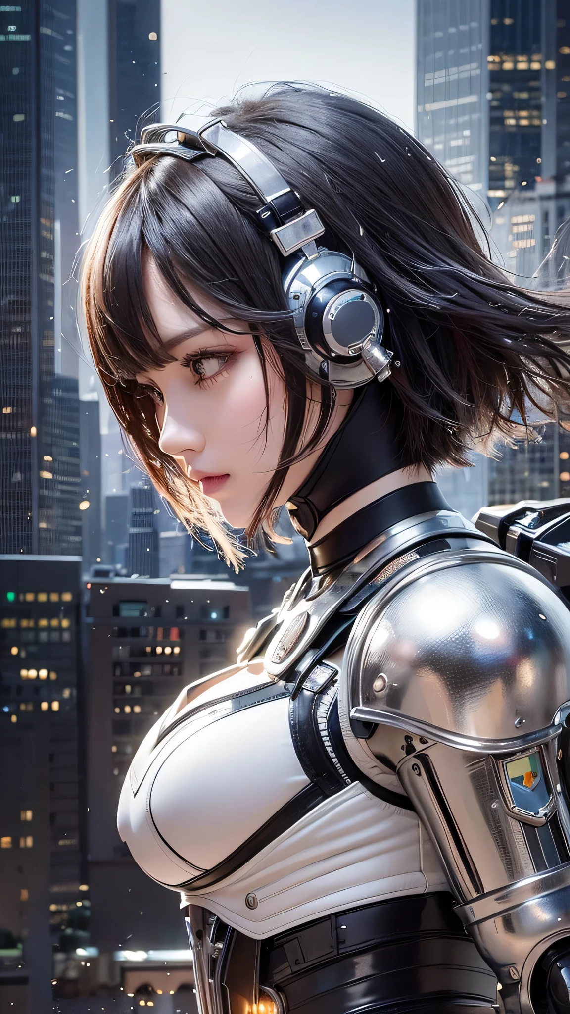 highest quality ,masterpiece, figure, very delicate and beautiful, very detailed ,cg ,unity ,8k wallpaper, wonderful, finely, masterpiece,highest quality,official art,very detailed cg unity 8k wallpaper,disorganized, incredibly disorganized, Super detailed, High resolution, very detailed,beautiful detailed girl,light shines on your face, 1 girl, Mecha, armor, Mechanical_body, black hair,  spaceship, city, cyber punk, star_null,  