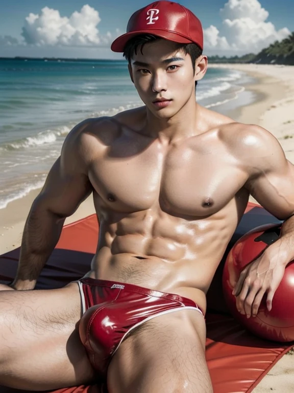 Japanese man , lifesaver , red latex swimwear , latex tanktop ,  Navel exposed , I can&#39;t see the nipples、 Even the legs are reflected , whole body , red cap , beach , light brown hair , vivid ,  realistic asian handsome face, natural muscles , beardless face, masterpiece, A high resolution, hyperrealism, detailed face, solo, a men, glowing skin, (Asian), (young, teenager ,  ), Handsome, detailed background, Handsome