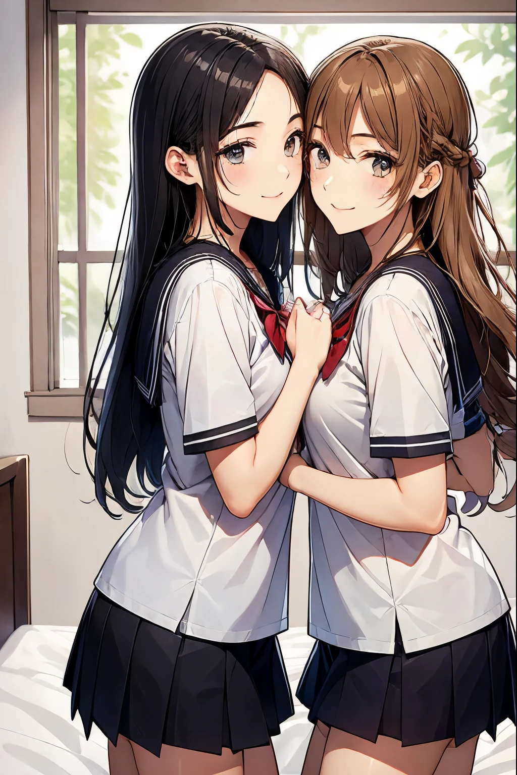 Two high school girls kissing in bed、seductive smile、