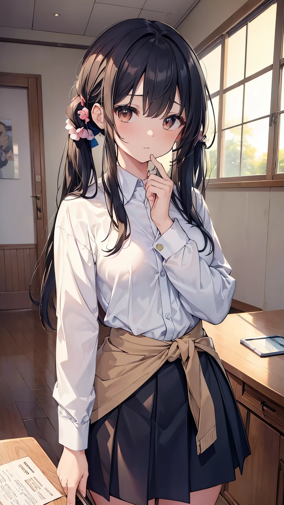 1 girl, ((((masterpiece))), highest quality, highest quality, high detail, azusa nakano, 1 girl, Sakuragaoka High School Uniforms, musical instrument, , twin tails, long hair, black hair, brown eyes, alone, red, 濃い青色のブレザーにredい細いリボンが付いています, A plain white button-up shirt underneath the blazer, figure, comics, soothing tone, calm colors, soft movie-like light, Adobe Lightroom, photo lab, HDR, complex and highly detailed, (((Depth of the bounds written))))). (((masterpiece))). (((highest quality))).) ((Super detailed))). (((figure))). (((indoor))). (((put your hand on your waist)))). chest,(((room))).dynamic focus.小さなchest.