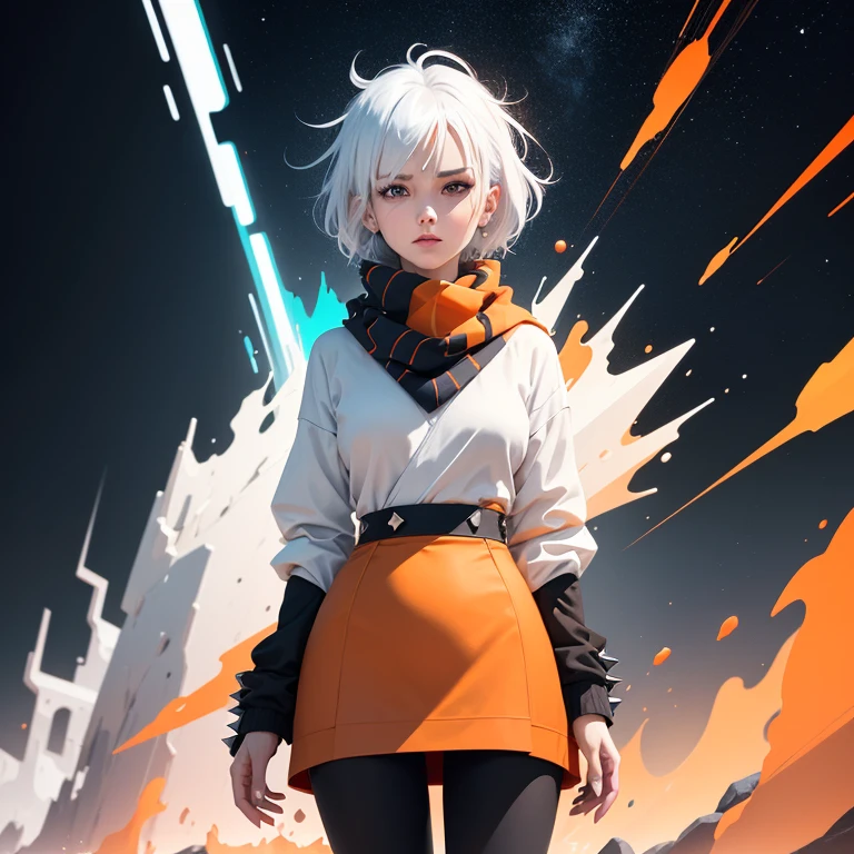 Abstract surreal colorful simple painted full body woman,spikes hair,adult body,blue eyes, tartan scarf,((white/orange wear)), (white hair by atey ghailan:1.15),sexy pose, black-orange Blood fountain in Outer space, made of lines, vertical lines,mphasis effect, moire effect,Precise and realistic technique,tangy details.