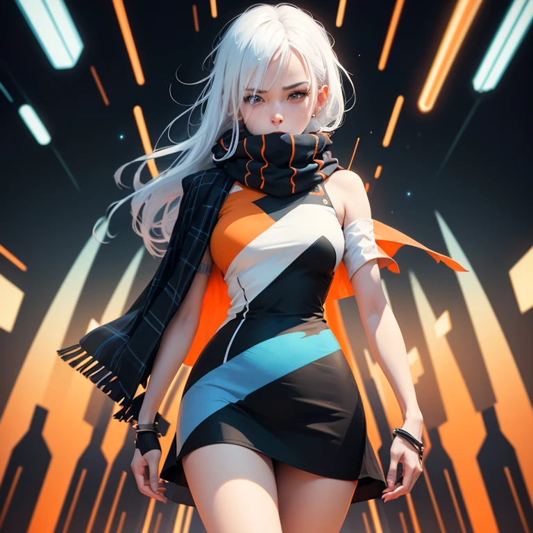 Abstract surreal colorful simple painted full body woman,spikes hair,adult body,blue eyes, tartan scarf,((white/orange wear)), (white hair by atey ghailan:1.15),sexy pose, black-orange Blood fountain in Outer space, made of lines, vertical lines,mphasis effect, moire effect,Precise and realistic technique,tangy details.