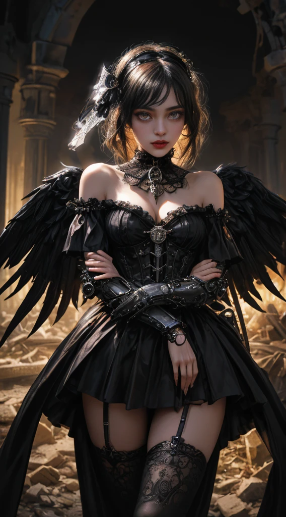 Mechanical doll girl, very cute and very adorable, (((very super realistic))), (((very realistic and precise eyes))), (((Victorian rococo, metallic textures, shiny metal, shiny clothes like metal, gothic and lolita, off the shoulder, very excessive steampunk))), (((intricate mechanical wings))), (((decadent surrealism))), 14 years old, very short bob with bangs, jet black glossy hair, flared pleated miniskirt with lace and frills, skeleton body, iridescent glow, background details, organic, neon tube connections. Special enchantments, special magic, (((very dark dramatic cinematic lighting, very dark ruins, deep depth of field))), (((very large slanted big eyes, glowing black eyes))), long eyelashes, thin nose, small mouth, glossy beige lips, thin chin, clear white glossy skin and slender body.