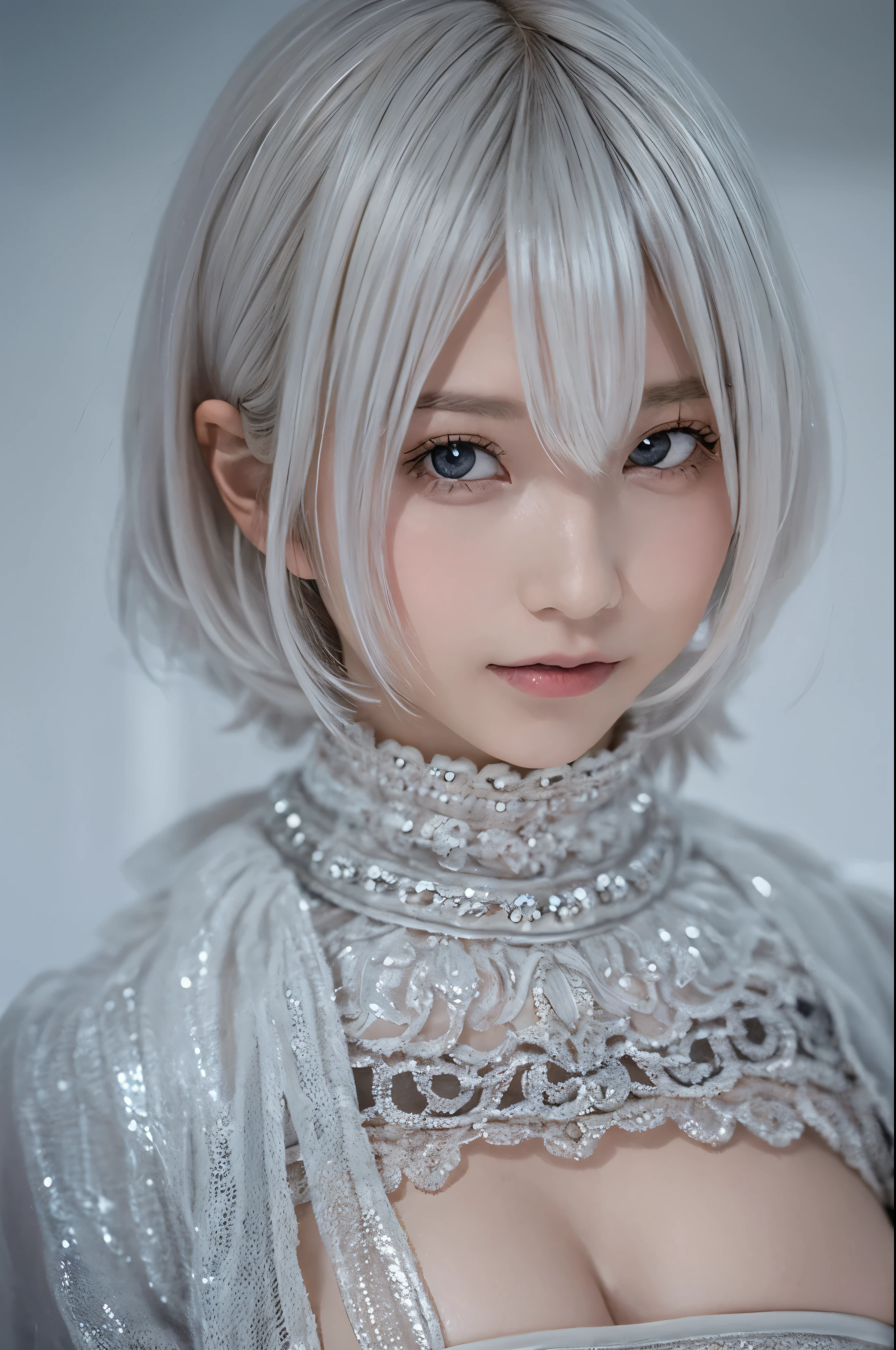 ((high quality)),table top,(Detailed depiction of local details:1.2),1 Japanese girl,(plump breasts:1.3),Enchanted Valley,closed mouth,eyelash,looking at the viewer,portrait,alone,Upper body,gray hair,white theme,short hair,silver hair,Yoruhano. 2 Type B,