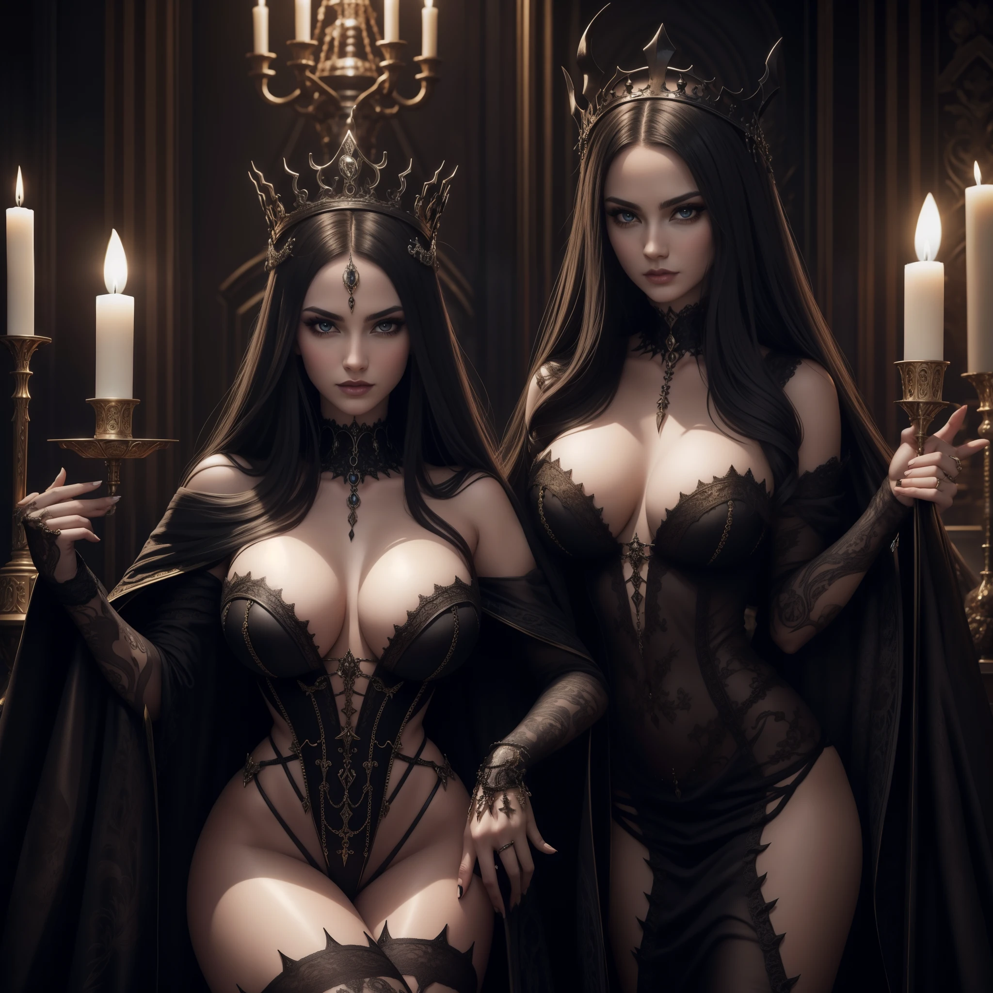 Queen succubus with highly detailed face and his sexy wives with perfect and detailed bodies and faces, Gothic style throne room, candelabra, candles, skulls, , micro detail, 8 K, hyper detailed, full body, volume lighting, raytracing, vivid colors, depth of field, sharp focus, detailed photograph, , portrait, highly detailed, beautiful, HD