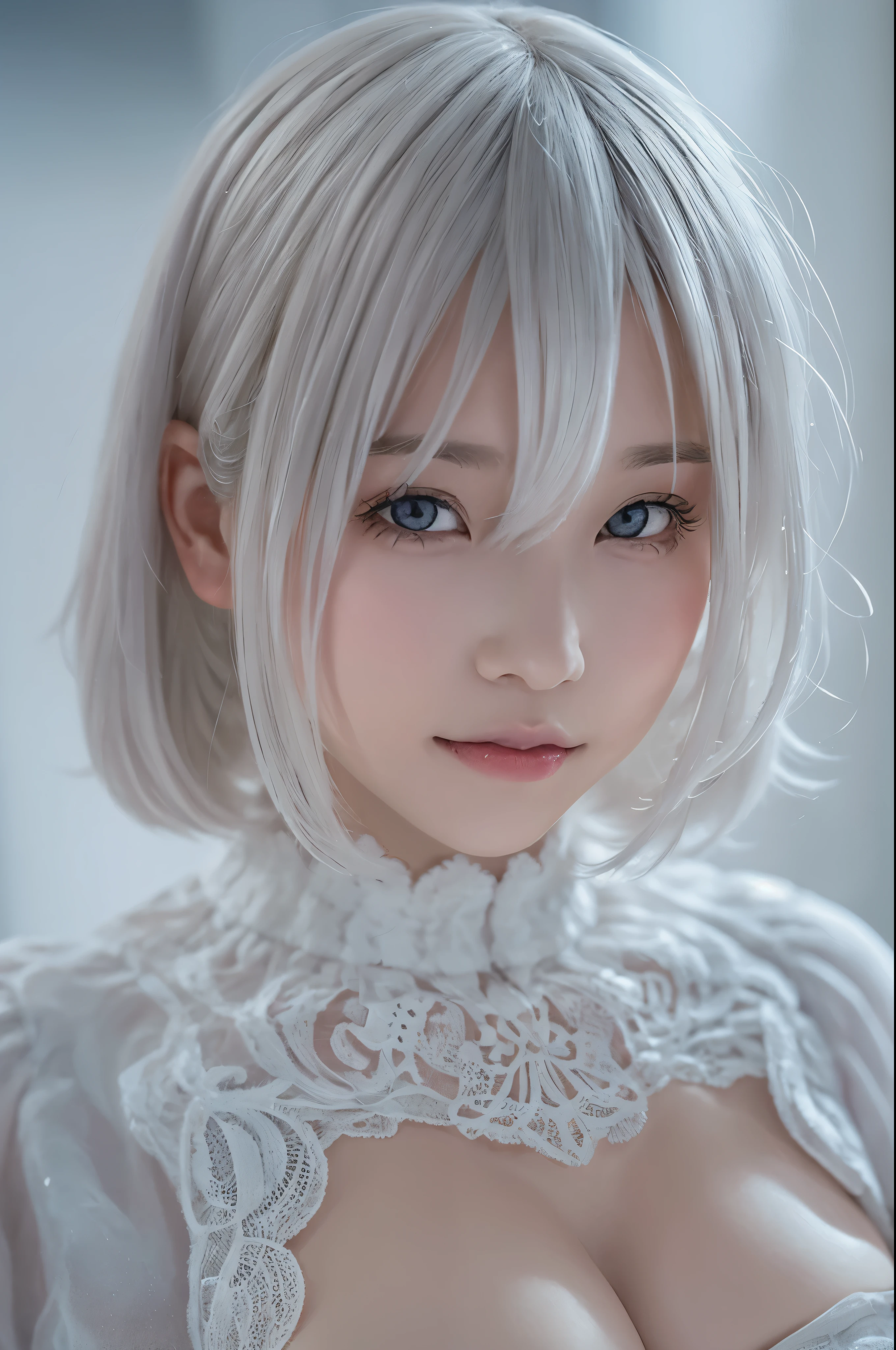 ((high quality)),table top,(Detailed depiction of local details:1.2),1 Japanese girl,(plump breasts:1.3),Enchanted Valley,closed mouth,eyelash,looking at the viewer,portrait,alone,Upper body,gray hair,white theme,short hair,silver hair,Yoruhano. 2 Type B,