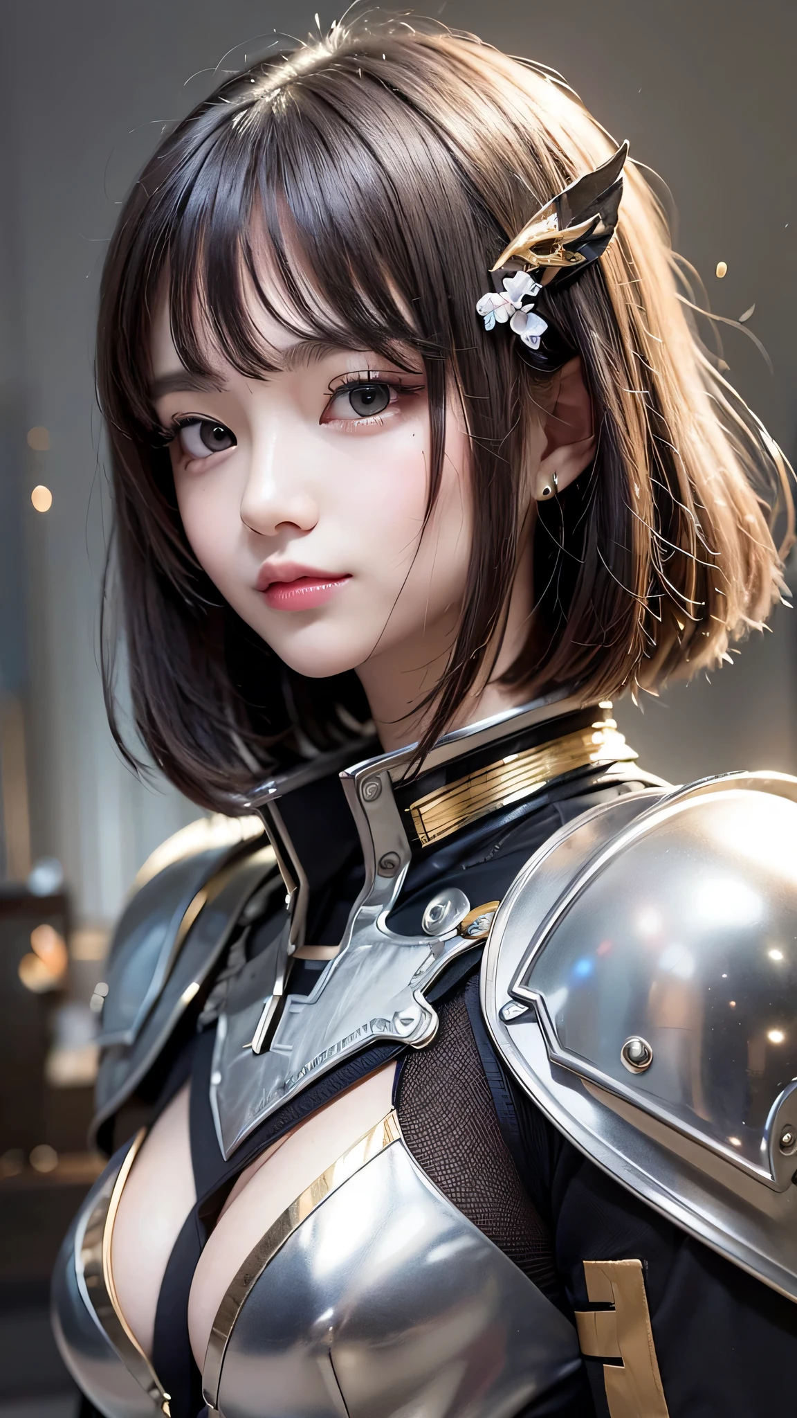 highest quality ,masterpiece, figure, very delicate and beautiful, very detailed ,cg ,unity ,8k wallpaper, wonderful, finely, masterpiece,highest quality,official art,very detailed cg unity 8k wallpaper,disorganized, incredibly disorganized, Super detailed, High resolution, very detailed,beautiful detailed girl,light shines on your face, 1 girl, Mecha, armor, Mechanical_body, black hair,  spaceship, city, cyber punk, star_null,  