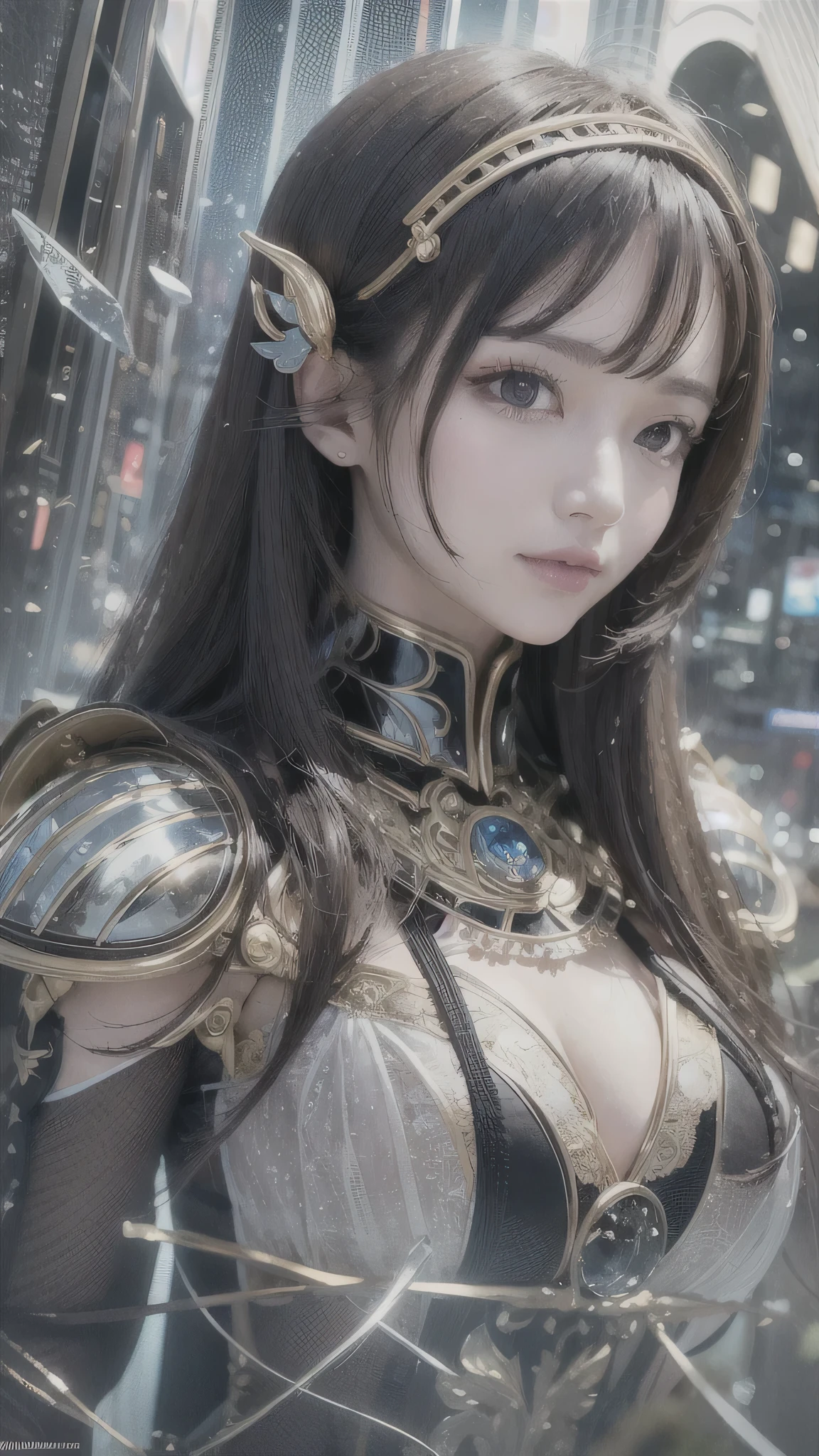 highest quality ,masterpiece, figure, very delicate and beautiful, very detailed ,cg ,unity ,8k wallpaper, wonderful, finely, masterpiece,highest quality,official art,very detailed cg unity 8k wallpaper,disorganized, incredibly disorganized, Super detailed, High resolution, very detailed,beautiful detailed girl,light shines on your face, 1 girl, Mecha, armor, Mechanical_body, black hair, spaceship, city, cyber punk, star_null,