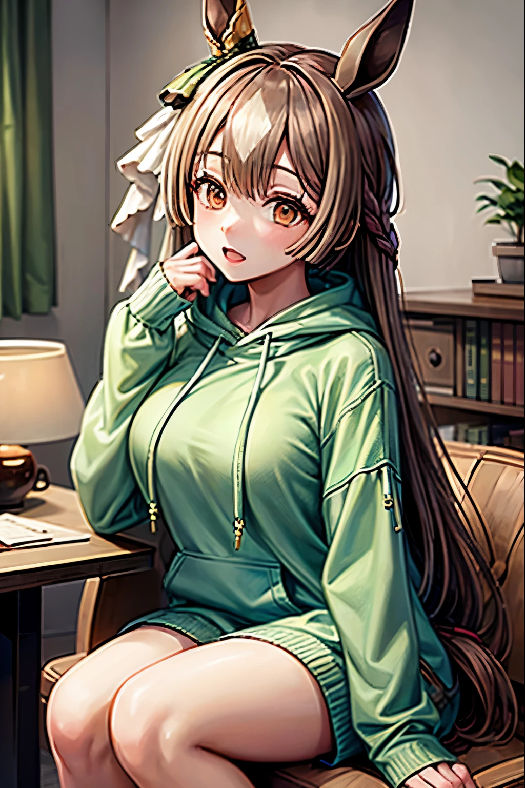 ((((masterpiece)))), best quality, very_high_resolution, large_filesize, full color, Uma Musume, Satono Diamond, Wearing an oversized green hoodie, 