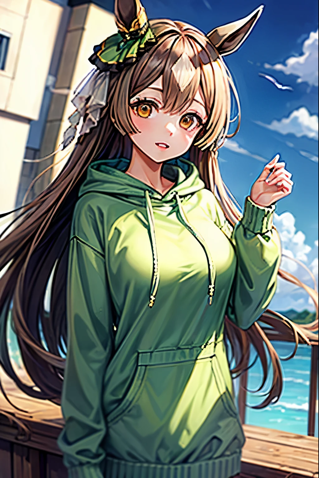 ((((masterpiece)))), best quality, very_high_resolution, large_filesize, full color, Uma Musume, Satono Diamond, Wearing an oversized green hoodie, 