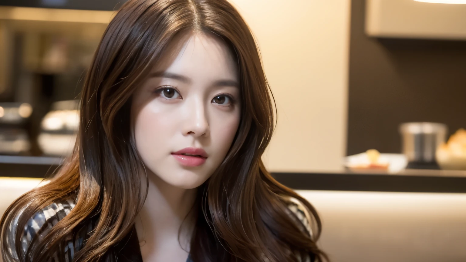 ((realistic lighting, best quality, 8K, master piece:1.3)), sharp focus:1.2, 1 girl, beautiful woman with perfect figure:1.2,  ((dark brown hair)), (Leisure Set:1.2），Inside a stylish cafe，Extra-fine face，fine eyes，double eyelid，