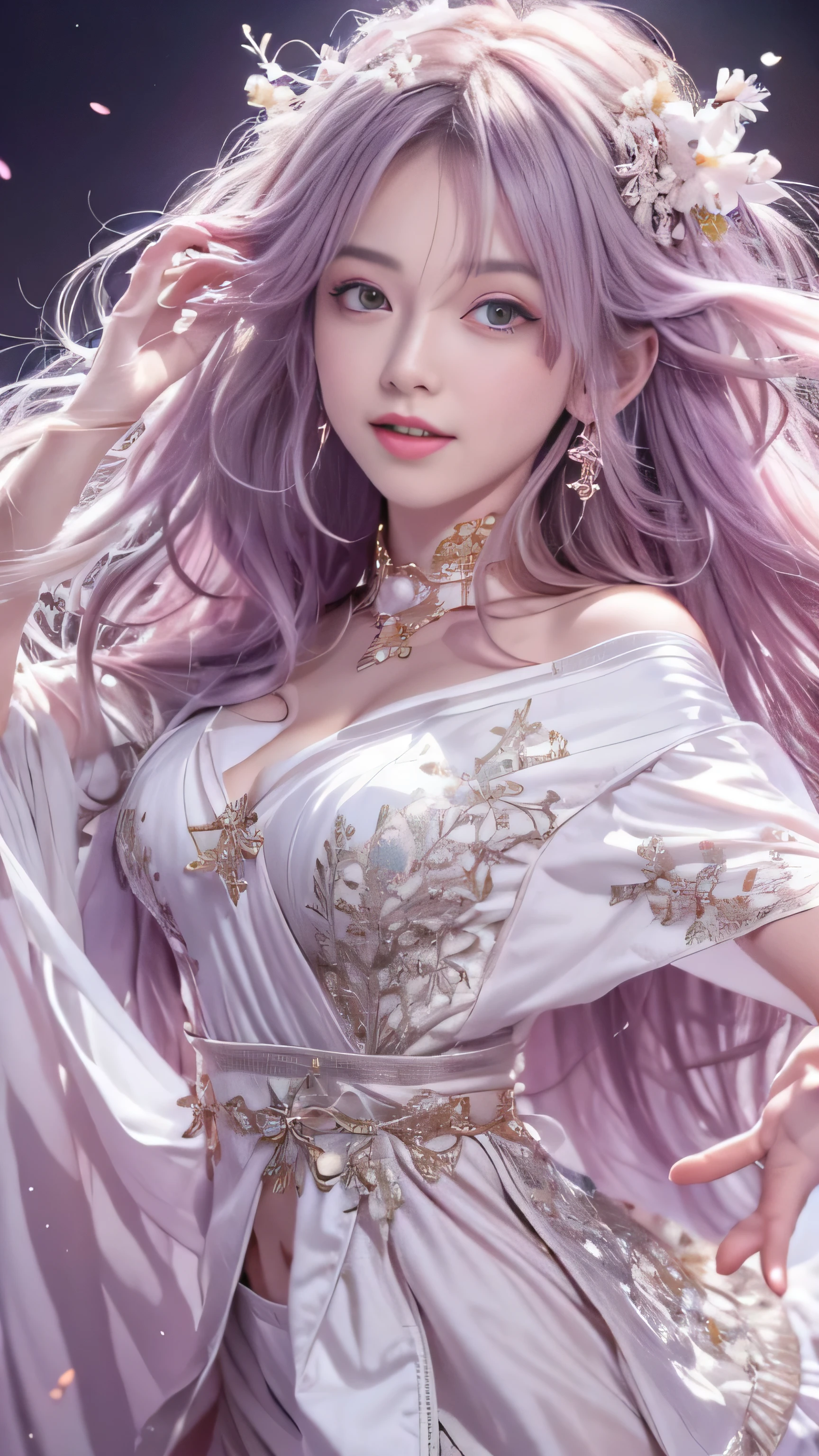 masterpiece, 8K, table top, Raw photo, wonderful, 最high quality, Photorealistic and hvery detailed CG integrated 8K wallpaper, high quality, very detailed, Narrative poem, particle effects, dynamic effects, Depth of written boundary, cinematic light, Lens flare, ray tracing, anatomically accurate, fantasy, 1 beautiful woman, ((lilac hair)), clear eyes, long hair, beautiful face, real face, Dense and beautiful eyes, beautiful skin, dancing woman, Gracefully dancing woman, long hairが風でなびく, long hairが跳ねる, long hairが風で舞い上がる, hair bounces, jewelry, beautiful eyes, ((off shoulder、No sleeve))、((She is raising her hands to show off her beautiful armpits))、(Translucent white robe)、(pink feather robe、Layering) White cherry blossom embroidery pattern, silver earrings,, Her hair color is light pink.、(milky way galaxy)、