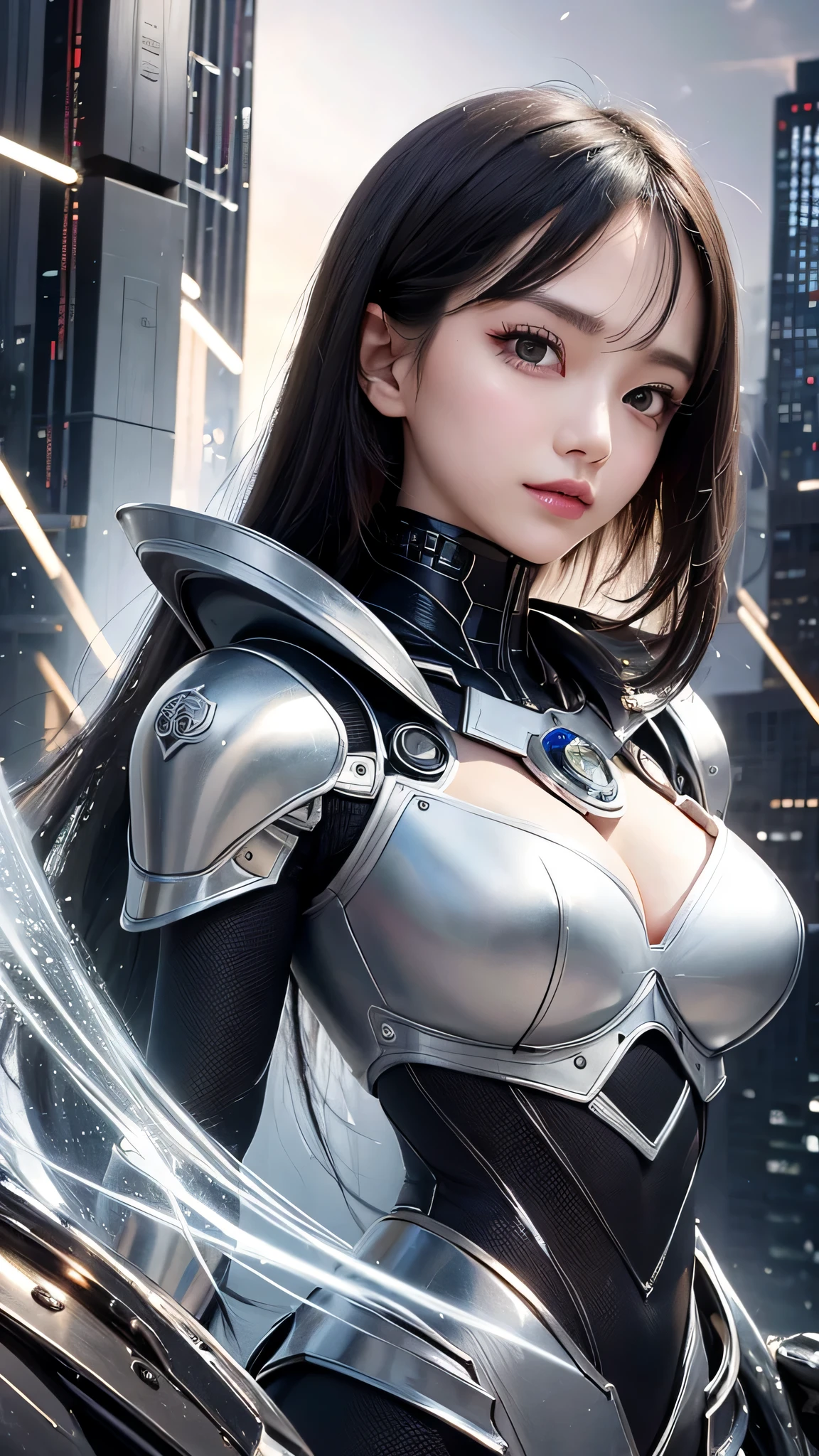 highest quality ,masterpiece, figure, very delicate and beautiful, very detailed ,cg ,unity ,8k wallpaper, wonderful, finely, masterpiece,highest quality,official art,very detailed cg unity 8k wallpaper,disorganized, incredibly disorganized, Super detailed, High resolution, very detailed,beautiful detailed girl,light shines on your face, 1 girl, Mecha, armor, Mechanical_body, black hair,  spaceship, city, cyber punk, star_null,  