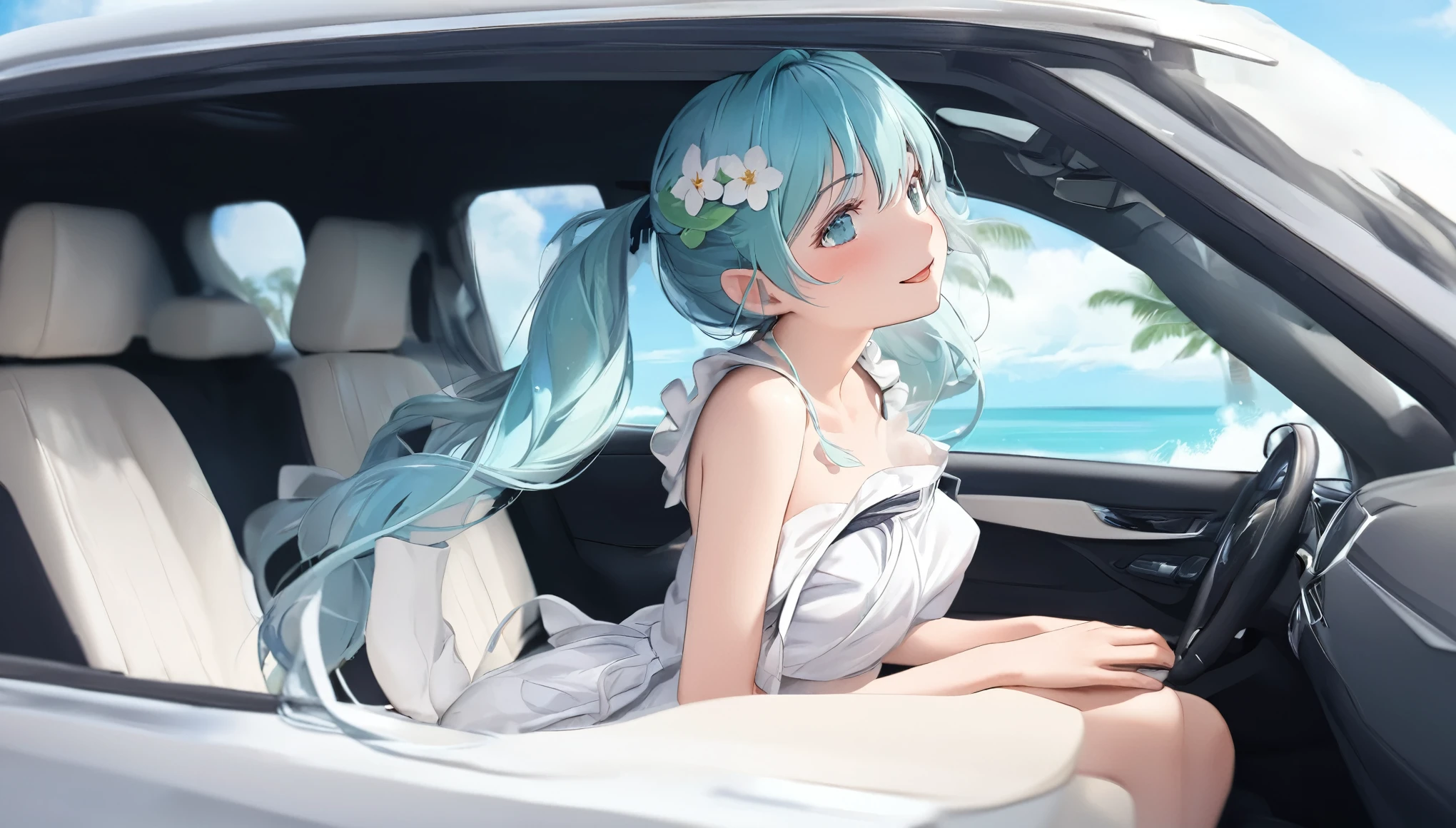  (masterpiece, best quality), 1 elven girl, ( bare breasts, thigh),  (light blue hair, twin tails ,very long hair is fluttering in the wind), hair between eyes, multi colored hair,hair flower ornament ,(blush, smile, aqua eyes), open mouth, maid uniform,    
 ((((undone clothing)))),  (Open the front of the maid uniform chest very wide), large breasts, pointed ears, view from side, profile,  (Cruising the highway in a car ) , (color of the car is white), ( the car has 2 seats), (the car has no roof), (passenger seat is left side in the car), (seating in the left seat in the car), looking at the sky,  Palm trees line the shoreline 