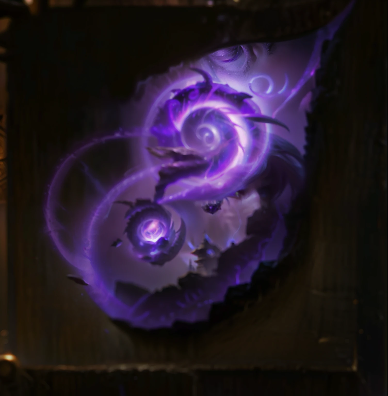 Close up of a purple object with a spiral pattern, World of Warcraft spell icons, Lightning mage spell icon, Fantasy game spell icon, Fantasy game spell symbols, Magic spell icon, Purple glowing core in armor, Heavy jpeg artifacts blurry, witch, character icon, magic runes, ability image, magic items, Heavy jpeg artifacts, Purple smoke