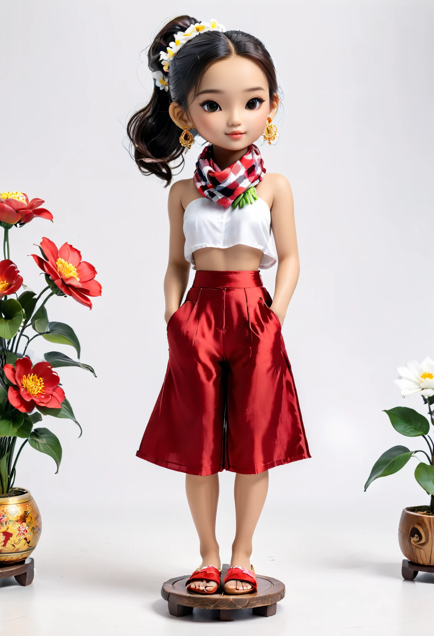 (Blind Box Spielzeug Stil:1.2),full body, solo,white background,(1 Beautiful girl Models,short ponytail,red|white checkered scarf,Maxi floral silk cambodian sampot,Standing on a round wooden base,rumdul,slippers),(Oriental elements,Cambodian color,Very colorful)