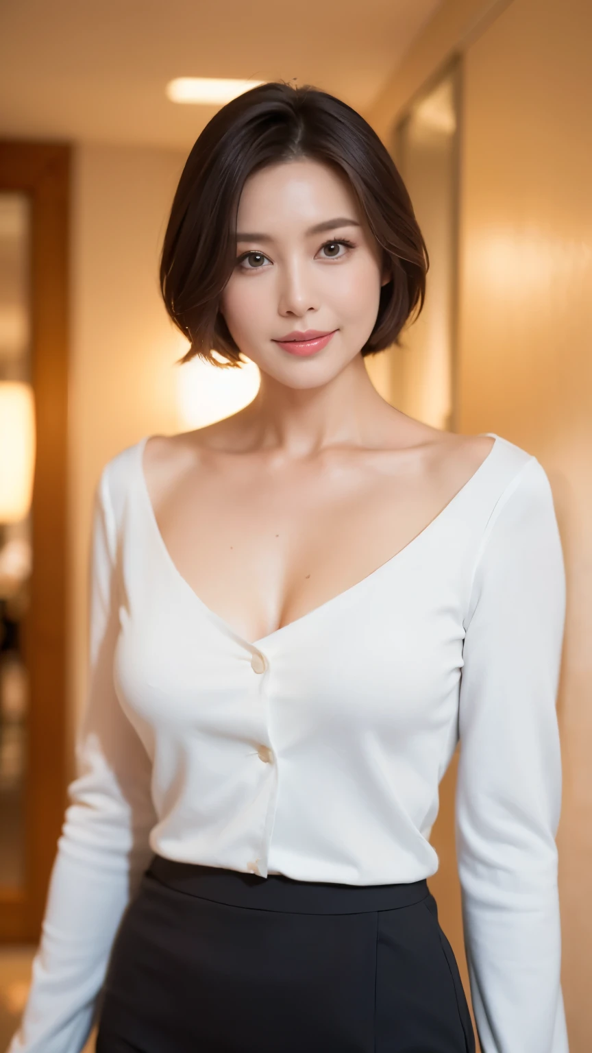 masterpiece,highest quality, (mature woman、42 years old),  glare, （gray blazer）, （white shirt：1.2）, （black pencil skirt：1.4）、double eyelid, eyelash, lip gloss, (smile:1),  (looking at the viewer、The whole body is reflected、Are standing), （Modern hotel lobby:1.6）、Depth of written boundary、尖ったred mouth、(Black wet shiny short hair),red mouth,clavicle、（full body portrait：1.6）、digital illustration, (Photoreal:1.3),(Raw photo.)