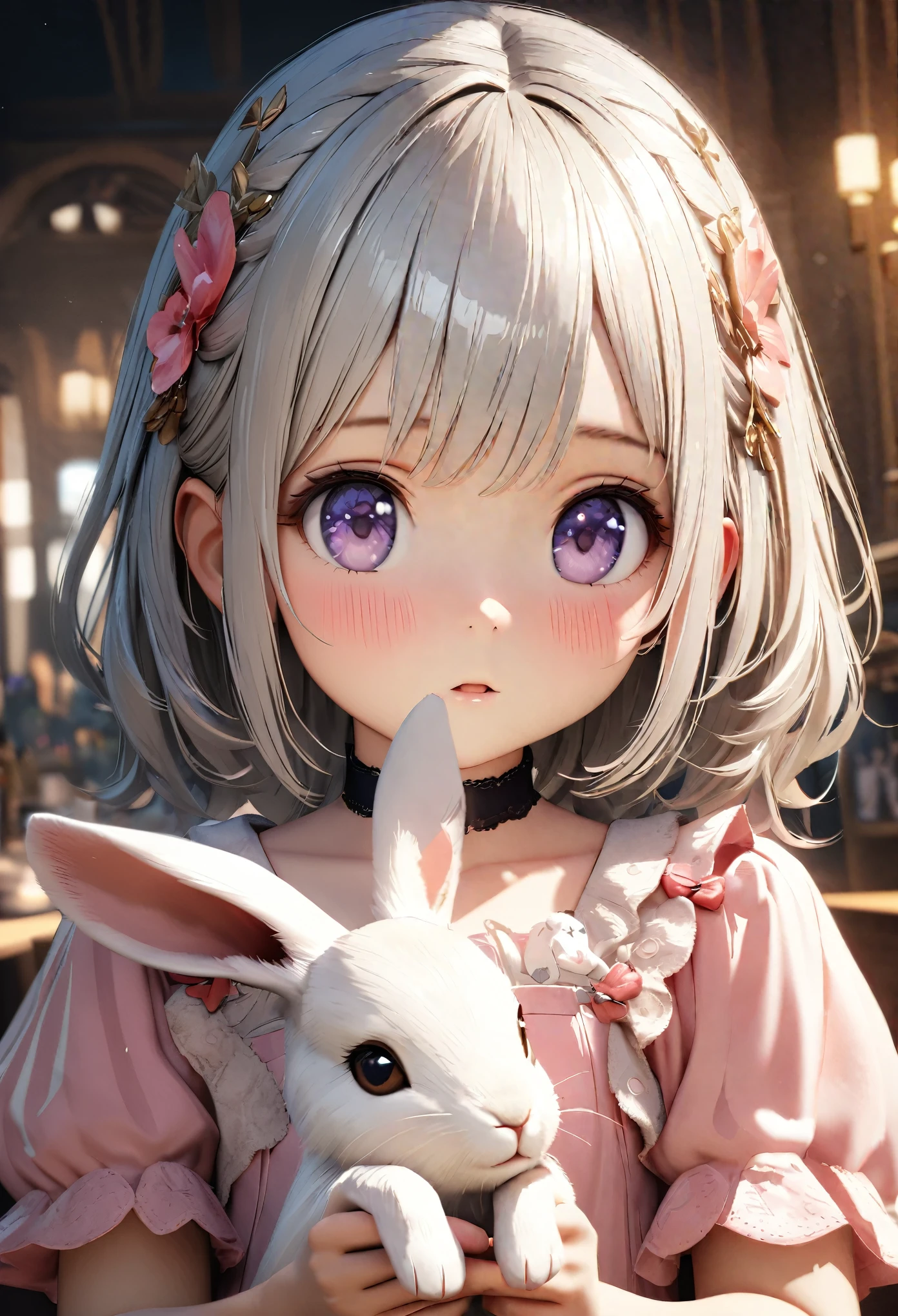 Masterpiece, Best Quality, Super Detailed, High Definition, Expensive Resolution, HDR, 4k, 8K, Unity 8k Wallpaper, Super Detailed CG, Masterpiece, Realistic, 2D, 3D, Beautiful Details, Depth, Fine Texture, Super Fine: 1.3, Fully focused, Crispy.skin, .he, very cute anime girl, cute pink dress, alone, long silver hair, baby rabbit and fawn and friends, looking at camera, expensive, blushing, mole, parted curled lips, hair ornament, heart, purple eyes, choker