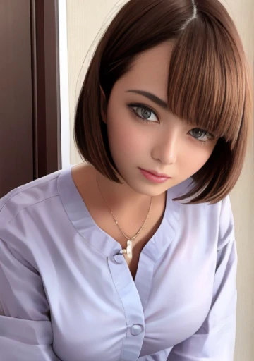 (highest quality, masterpiece,Highest image quality,Raw photo:1.4, intricate details:1.3), 1 girl, to the hospital, nurse uniform,(Underboob peeks out),1 girl,cute,medium breasts,short bob hair,brown hair, thin, too