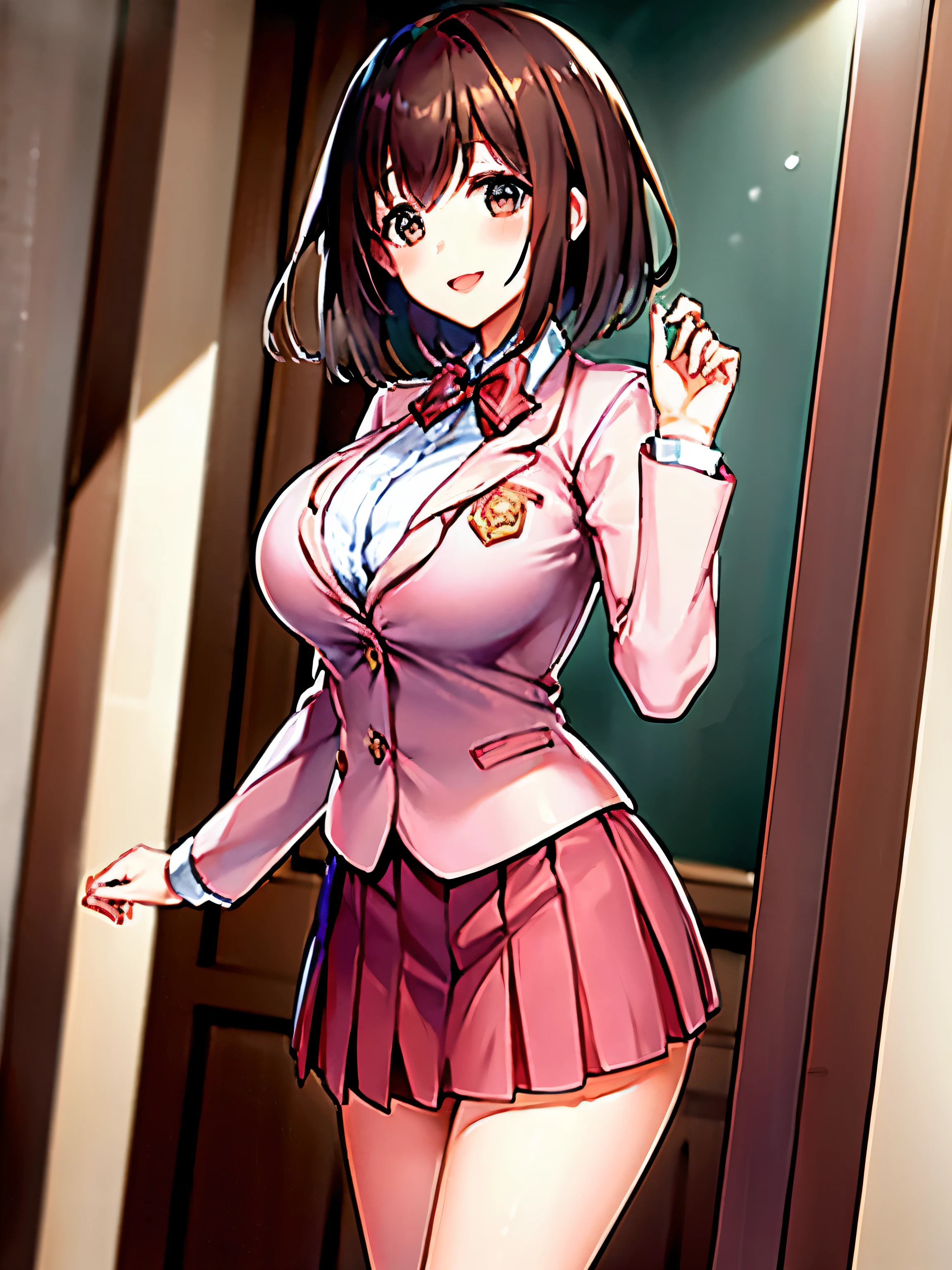 high quality,masterpiece。Cute brown-haired woman,The hairstyle is short hair。She stands upright with her face and body facing the viewer,true identity。her hands are empty,Both hands are not posed。she looks tall。Her breasts are huge and very big,Good style。she is smiling with a cute face,Both have brown eyes。Clothes are school uniforms,white shirt,Pink blazer,red skirt,Black stockings on both legs。she is standing,The place I'm standing is the classroom。