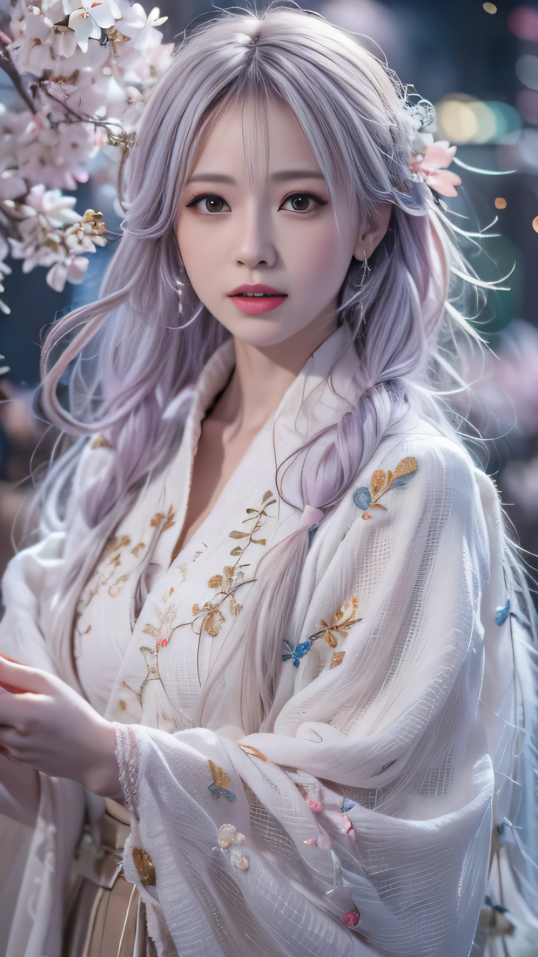 masterpiece, 8K, table top, Raw photo, wonderful, 最high quality, Photorealistic and hvery detailed CG integrated 8K wallpaper, high quality, very detailed, Narrative poem, particle effects, dynamic effects, Depth of written boundary, cinematic light, Lens flare, ray tracing, anatomically accurate, fantasy, 1 beautiful woman, ((lilac hair)), clear eyes, long hair, beautiful face, real face, Dense and beautiful eyes, beautiful skin, dancing woman, Gracefully dancing woman, long hairが風でなびく, long hairが跳ねる, long hairが風で舞い上がる, hair bounces, jewelry, beautiful eyes, (Translucent white robe)、(pink feather robe、Layering) White cherry blossom embroidery pattern, silver earrings,, Her hair color is light pink.、(milky way galaxy)、