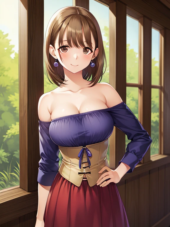 masterpiece, highest quality, detailed face, fine eyes, High resolution,anime painting、detailed eyes:1.5. Alone, standing with a smile,((short hair、short hair))、pale chestnut hair、brown eyes、
, , ((Bright purple off-the-shoulder shirt, strapless dress, corset)),put your hand on your waist, earrings, belt, Cleavage Forest、grassland、square, looking at the viewer
 