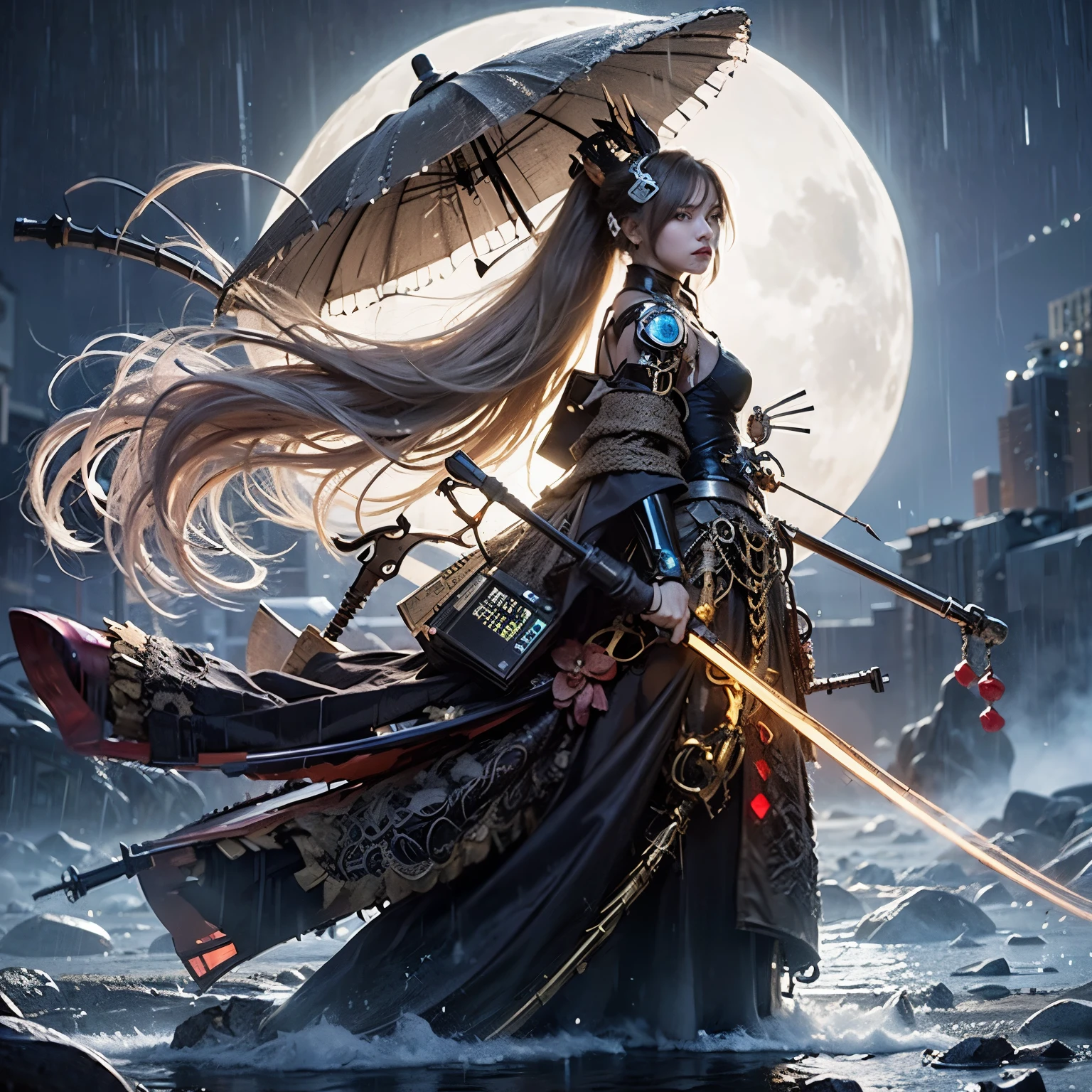 (top-quality:1.2, masterpiece)、ultra high resolution、extremely ultra surrealism, (Photorealsitic:1.4)、Raw photo、(Steampunk Battle Cyborg fallen angel)、large wings made of metal、black porcelain body、red  hair、glowy skin、1 Cyborg girl、(mechanical frame:1.3)japanese, extremely cute face,  ((super realistic details))、portrait、globalillumination、Shadow、octan render、8K、ultrasharp、character edge light、Details of complex ornaments、Acrylic Clear Cover、Sumerian details、Hydraulic cylinder、Small LED lamp、highly intricate detail、Realistic light、a purple eye、radiant eyes、Facing the camera、neon details、cowboy  shot、Futuristic headgear、About Cyberpunk