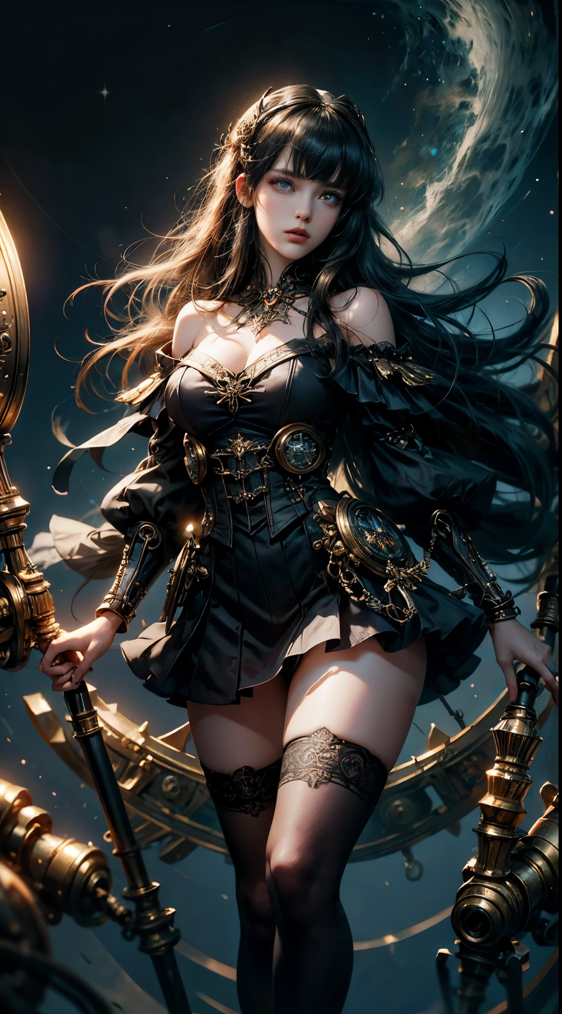 Wizard girl. Very pretty 14 years old,
(((masterpiece, best quality, raw photo, photorealistic, depth of field, ultra detailed, detailed face, very precise eyes))), Dynamic Action Pose, Invoke Magic, Mechanical Magic Weapons,  very slender long legs, lace stockings on the knee, steampunk headgear, fluttering lace flared mini skirt, off-shoulder fashion with a fusion of detailed and intricate steampunk and detailed gothic lolita, (((Very slender body, long, thin limbs))), upward and beautiful small breasts, (((Thick bangs))), (((princess cut))), Clean long Black hair, long vertical curly hair, wind driven, futuristic complex steampunk factory background, infinite dark universe, flying celestial bodies, countless celestial neon lights raining down from the heavens, cinematic lighting decoration.