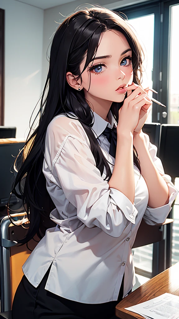 (high quality, High resolution, fine details, actual), ((((A seductive expression)))), Put your hands on my face, rely on, ((((Kiss me)))), ((((Kiss me)))), ((((Kiss me)))), alone, miss, ((Female office worker)), Bright Eyes, (exquisite eyes), heart shaped eyes, blush, Shallow depth of field
