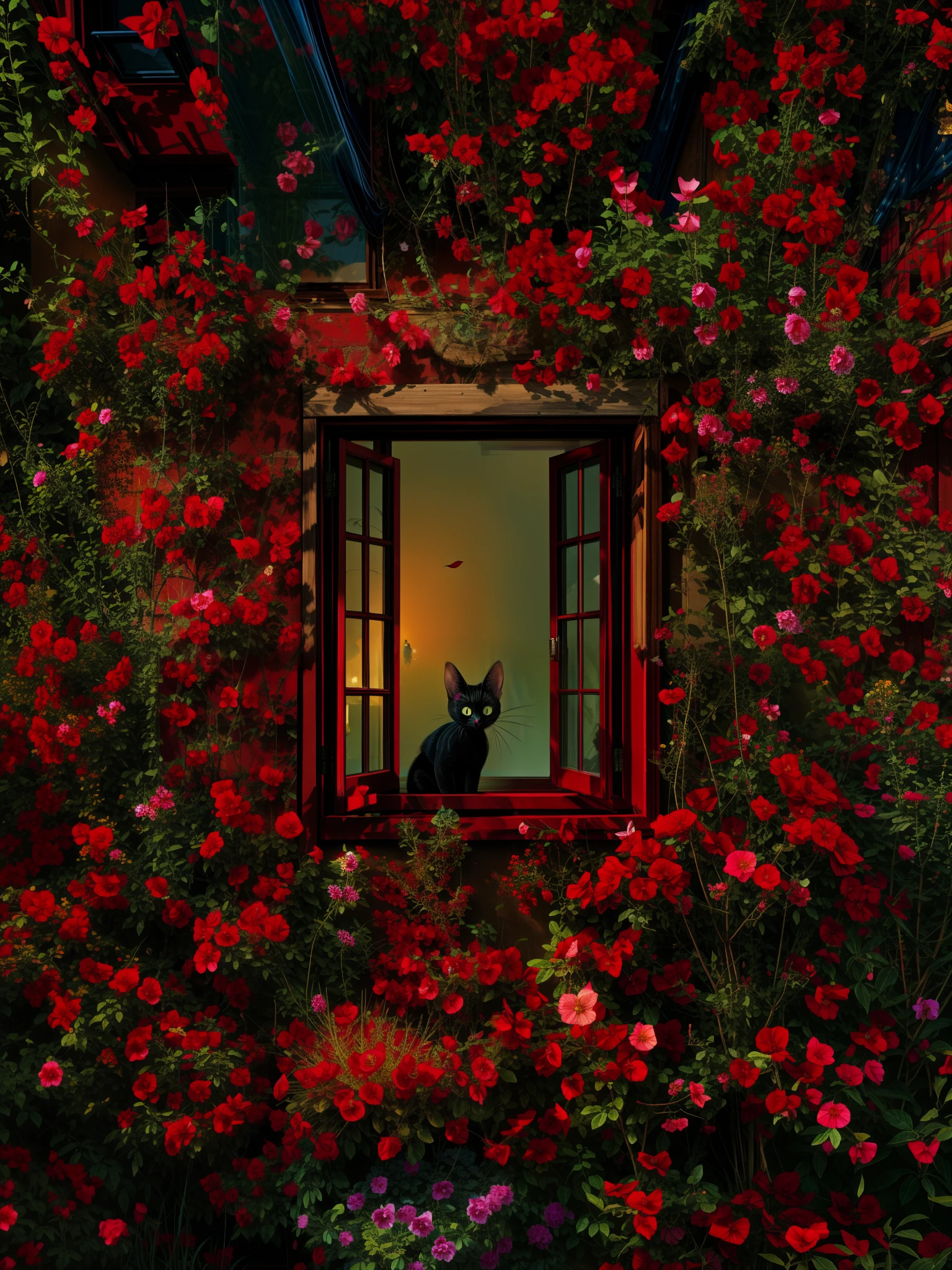 a cat sitting in a window surrounded by red flowers, red wallpaper background, red wallpaper design, photo of a beautiful window, red wall, black and red background, roses background, the window, deep red background, open window ib background, open window at night, in a red dream world, by Igor Zenin, window with flower box, cozy wallpaper, 4k hd,, beautiful art uhd 4 k, a beautiful artwork illustration, beautiful digital painting, highly detailed digital painting, beautiful digital artwork, detailed painting 4 k, very detailed digital painting, rich picturesque colors, gorgeous digital painting