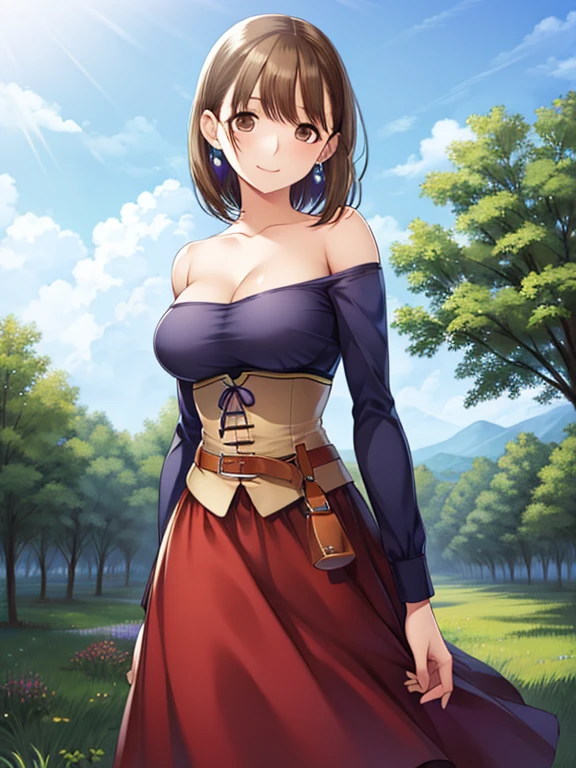 masterpiece, highest quality, detailed face, fine eyes, High resolution,anime painting、detailed eyes:1.5. Alone, standing with a smile,((short hair、short hair))、pale chestnut hair、brown eyes、
, , ((Bright purple off-the-shoulder shirt, strapless dress, corset)),put your hand on your waist, earrings, belt, Cleavage Forest、grassland、square, looking at the viewer
 