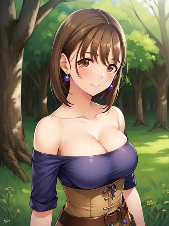 masterpiece, highest quality, detailed face, fine eyes, High resolution,anime painting、detailed eyes:1.5. Alone, standing with a smile,((short hair、short hair))、pale chestnut hair、brown eyes、
, , ((Bright purple off-the-shoulder shirt, strapless dress, corset)),put your hand on your waist, earrings, belt, Cleavage Forest、grassland、square, looking at the viewer
 