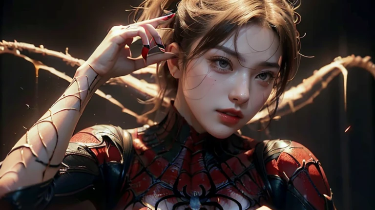 (1girl:1.3), solo, ((very detailed face)))), ((very detailed eyes and face))), beautiful detail eyes, body parts__, official art, unified 8k wallpaper, super detailed, beautiful and beautiful, beautiful, masterpiece, best quality, original, masterpiece, super fine photo, best quality, super high resolution, realistic realism, sunlight, full body portrait, amazing beauty, dynamic pose, delicate face, big breast, vibrant eyes, (from the front), she is wearing a Spider-Man suit, red and black color scheme, spider, very detailed city roof background, rooftop, overlooking the city, detailed face, detailed complex busy background, messy, gorgeous, milky white, highly detailed skin, realistic skin details, visible pores, clear focus, volumetric fog, 8k uhd, DSLR, high quality, film grain, fair skin, photo realism, lomography, futuristic dystopian giant metropolis, translucent