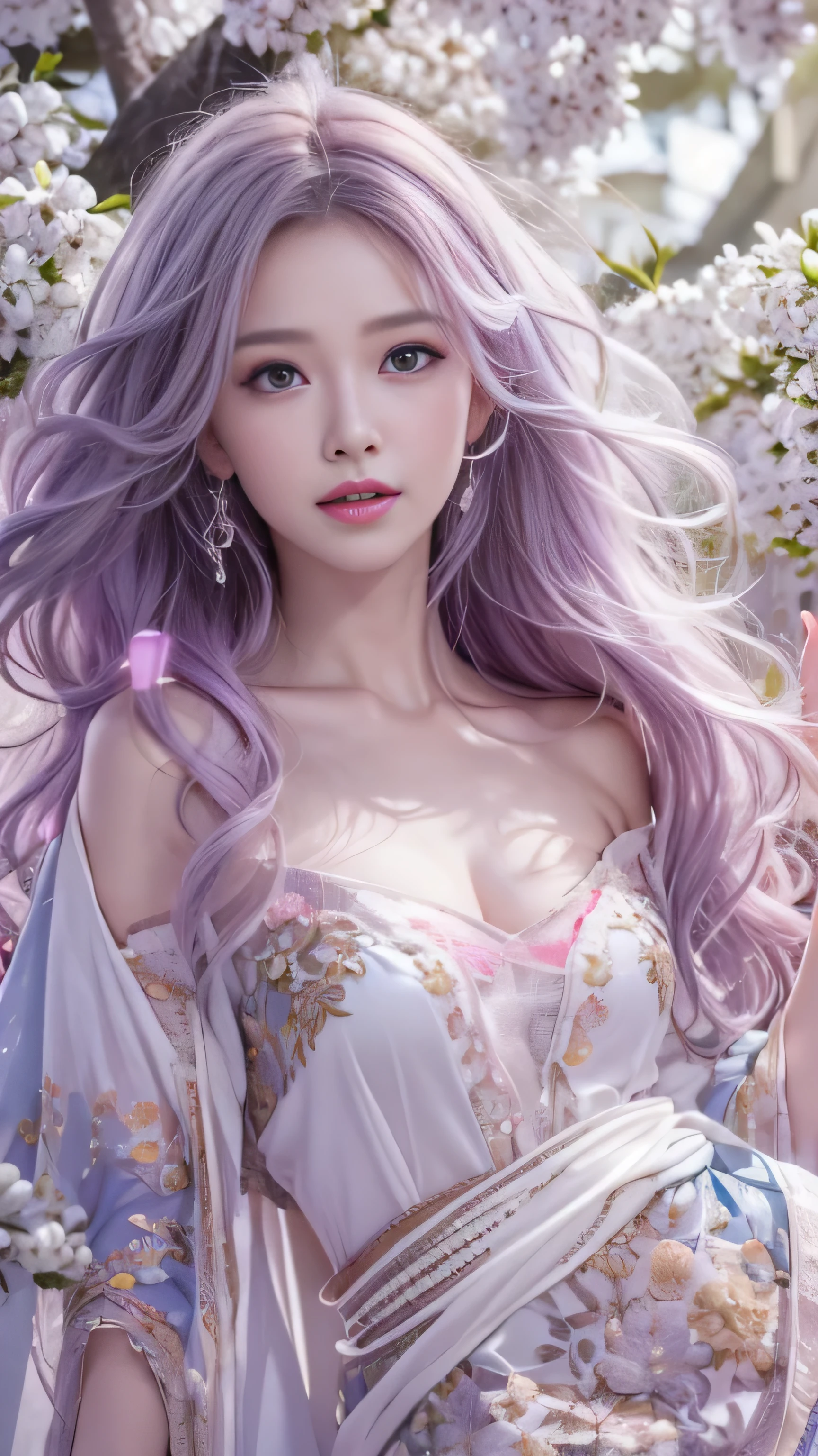  masterpiece, 8K, table top, Raw photo, wonderful, 最high quality, Photorealistic and hvery detailed CG integrated 8K wallpaper, high quality, very detailed, Narrative poem, particle effects, dynamic effects, Depth of written boundary, cinematic light, Lens flare, ray tracing, anatomically accurate, fantasy, 1 beautiful woman, ((lilac hair)), clear eyes, long hair, beautiful face, real face, Dense and beautiful eyes, beautiful skin, dancing woman, Gracefully dancing woman, long hairが風でなびく, long hairが跳ねる, long hairが風で舞い上がる, hair bounces, beautiful eyes, ((off shoulder、No sleeve))、（(She is raising her hands to show off her beautiful armpits）)、、（Translucent white robe）、（Translucent pink robe、Layering）  White cherry blossom embroidery pattern, silver earrings,, Her hair color is light pink.、（milky way galaxy）、