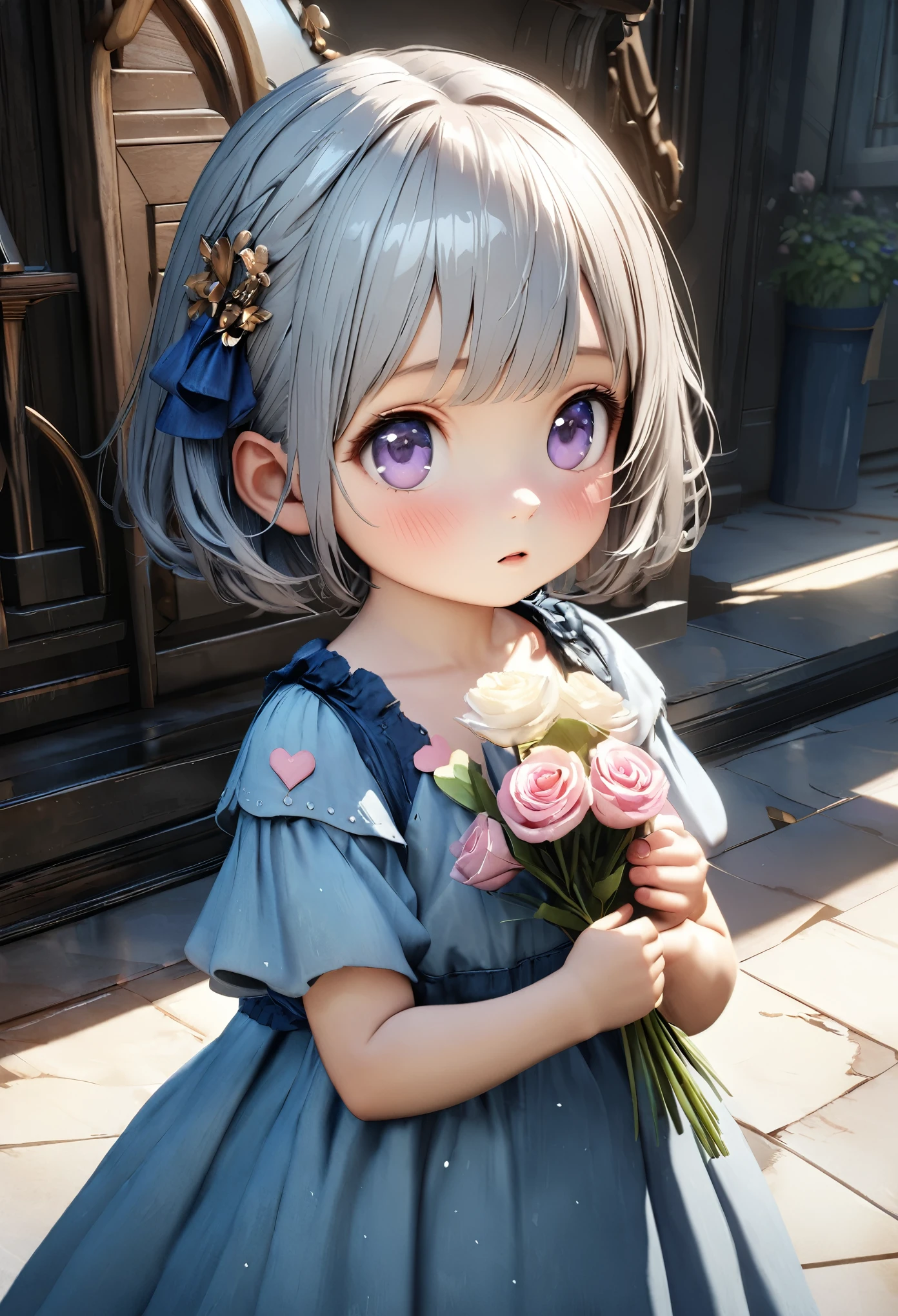 Masterpiece, Best Quality, Super Detailed, High Definition, Expensive Resolution, HDR, 4k, 8K, Unity 8k Wallpaper, Super Detailed CG, Masterpiece, Realistic, 2D, 3D, Beautiful Details, Depth, Fine Texture, Super Fine: 1.3, Fully Focused, Crispy.skin, .he, Very Cute Anime Girl About 3 Years Old, Expensive Silver Short Hair, One Girl About 3 Years Old, Alone, Pretty Blue Dress, Holding Flowers , looking at camera, expensive, blush, mole, parted lips, hair ornament, heart, purple eyes