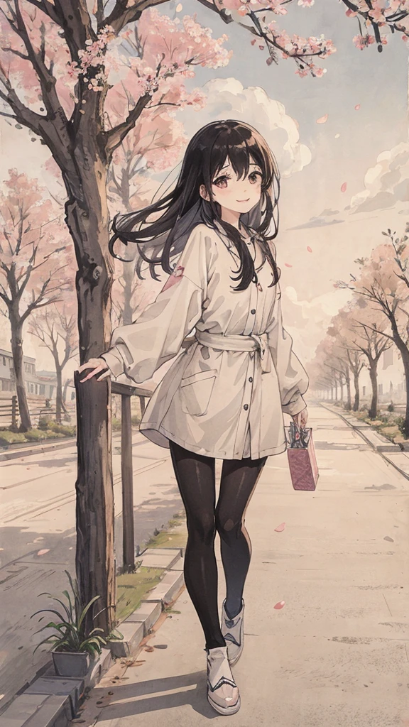 (1:1)1 female,Standing in the city,the sky is clear、The wind is blowing,Cherry blossom trees,black hair,smile,walk on the road,cityscape,small person