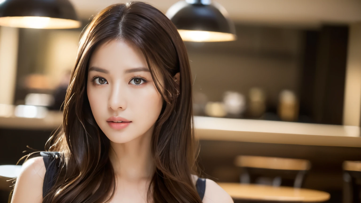 ((realistic lighting, best quality, 8K, master piece:1.3)), sharp focus:1.2, 1 girl, beautiful woman with perfect figure:1.2,  ((dark brown hair)), (Leisure Set:1.2），Inside a stylish cafe，Extra-fine face，fine eyes，double eyelid，