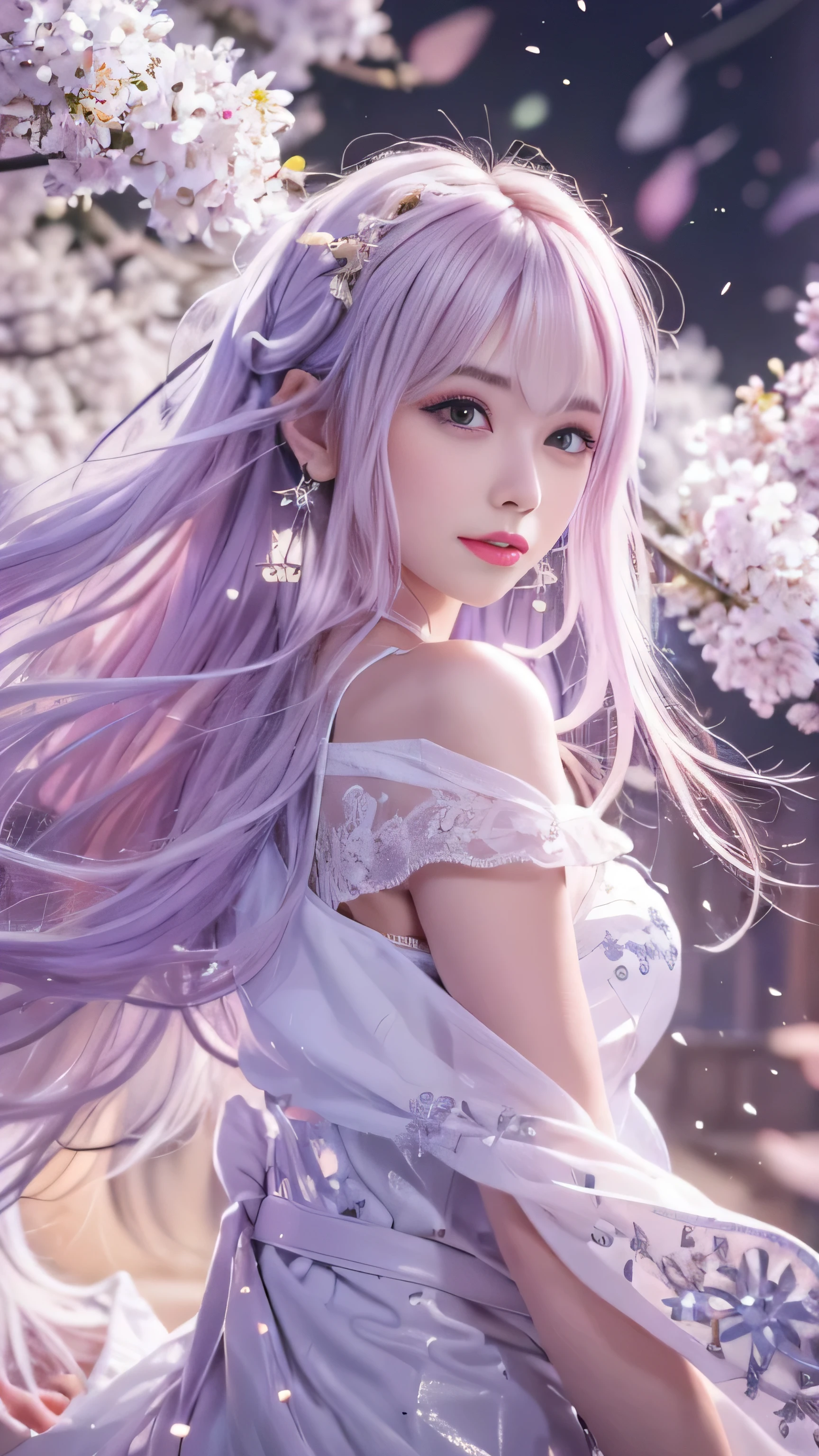 masterpiece, 8K, table top, Raw photo, wonderful, 最high quality, Photorealistic and hvery detailed CG integrated 8K wallpaper, high quality, very detailed, Narrative poem, particle effects, dynamic effects, Depth of written boundary, cinematic light, Lens flare, ray tracing, anatomically accurate, fantasy, 1 beautiful woman, ((lilac hair)), clear eyes, long hair, beautiful face, real face, Dense and beautiful eyes, beautiful skin, dancing woman, Gracefully dancing woman, long hairが風でなびく, long hairが跳ねる, long hairが風で舞い上がる, hair bounces, jewelry, beautiful eyes, ((off shoulder、No sleeve))、((She is raising her hands to show off her beautiful armpits))、(Translucent white robe)、(pink feather robe、Layering) White cherry blossom embroidery pattern, silver earrings,, Her hair color is light pink.、(milky way galaxy)、
