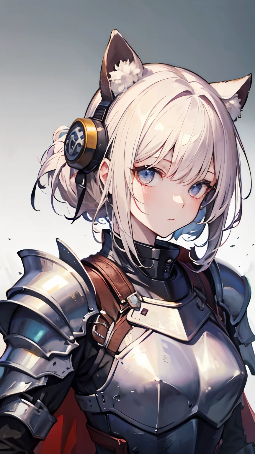 ((best quality)), ((masterpiece)), (detailed), perfect face, A top-down composition showing the upper body, a female knight wearing metal armor, and raccoon ears.