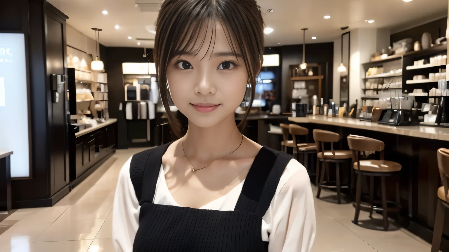 (((Cafe:1.3, Inside the store, Photographed from the front))), ((beauty salon model:1.3,Black and white bicolor dress, japanese woman, cute)), (clean, natural makeup), (highest quality, masterpiece:1.3, 超High resolution), (Super detailed, caustics), (realistic:1.4, RAW shooting), very detailed, High resolution, 16K resolution,neat clothes,CafeInside the storeで撮影